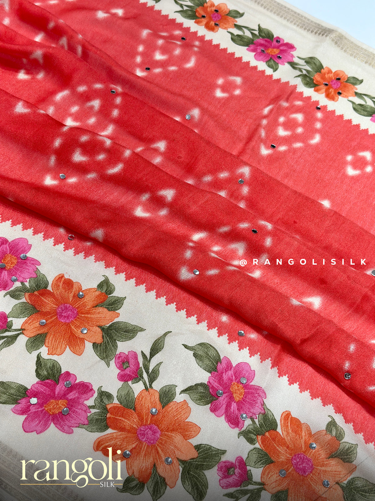Floral Printed Chiffon Fancy Saree with Mirror Work Accents - Post 1057