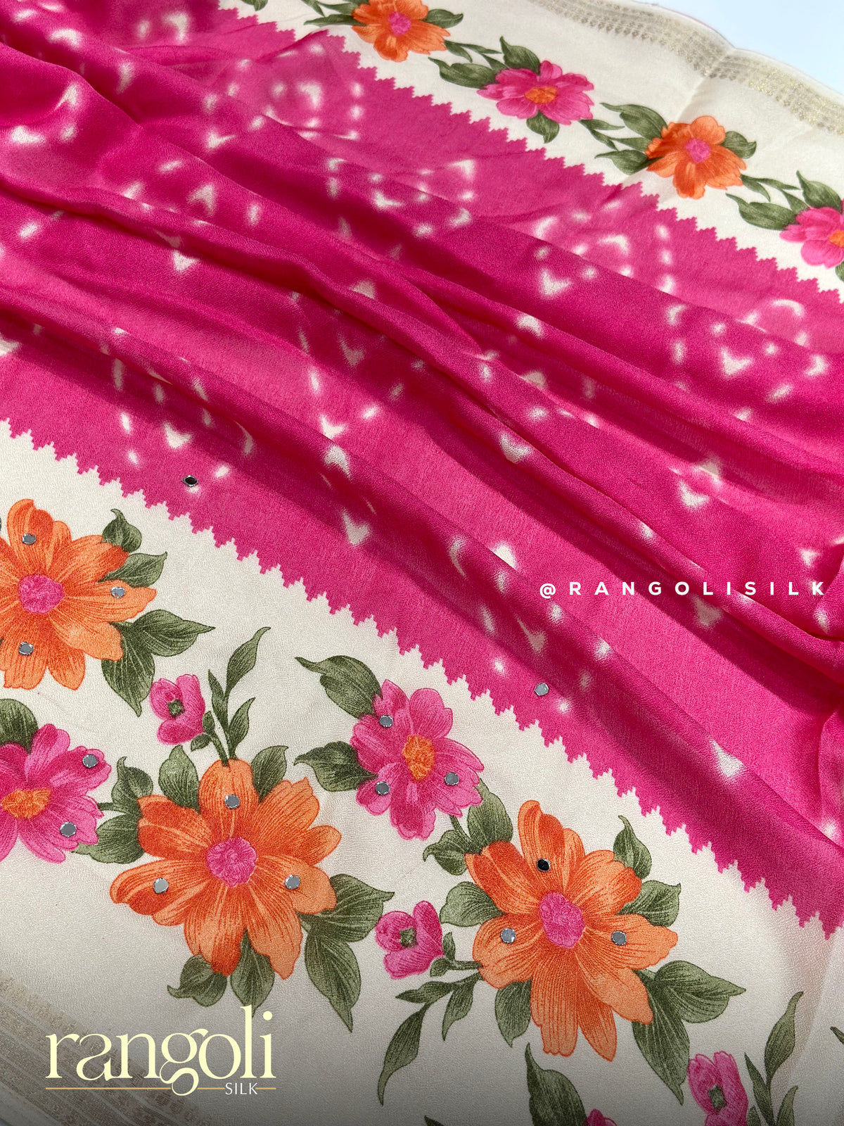 Floral Printed Chiffon Fancy Saree with Mirror Work Accents - Post 1057