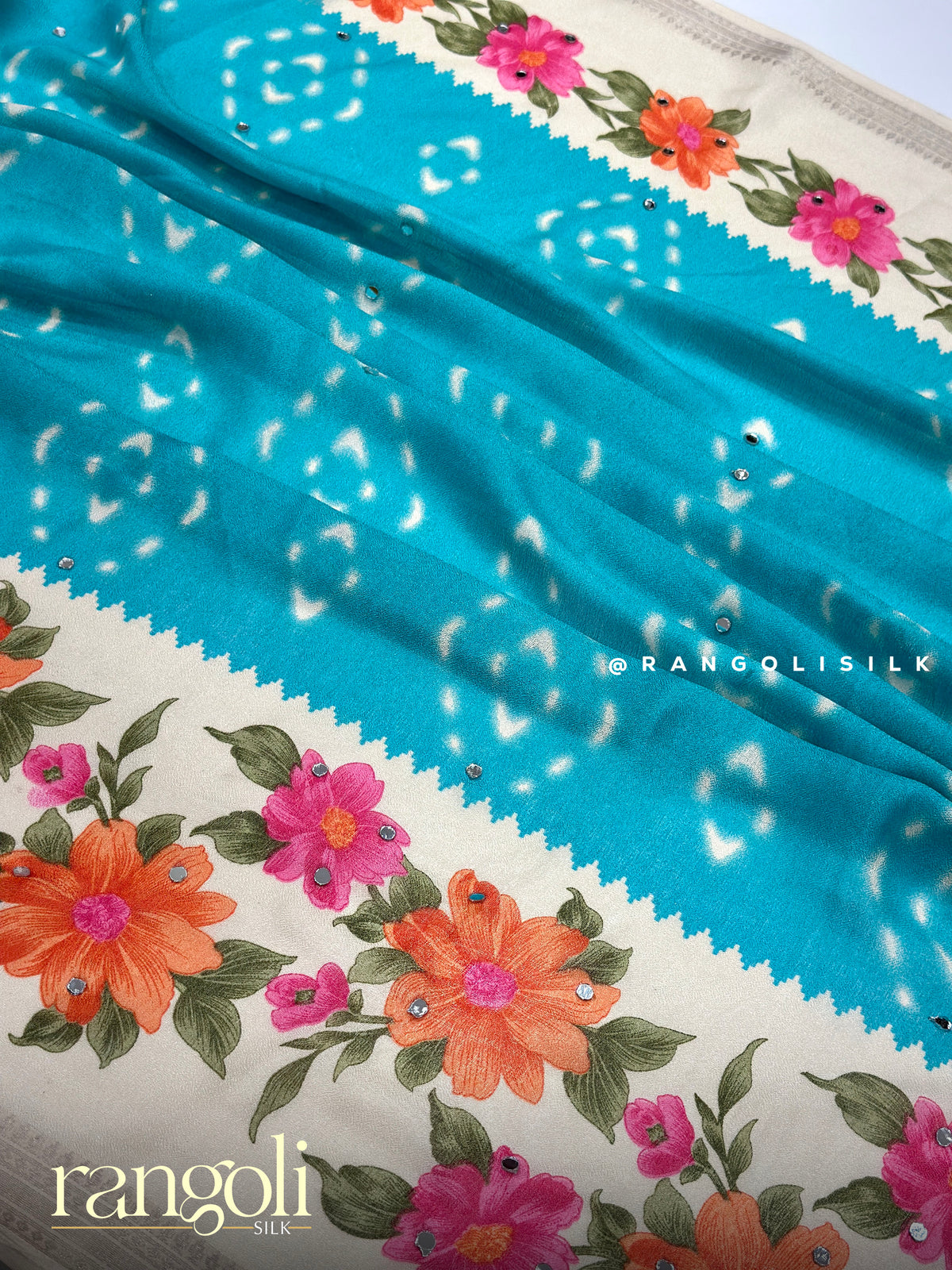 Floral Printed Chiffon Fancy Saree with Mirror Work Accents - Post 1057