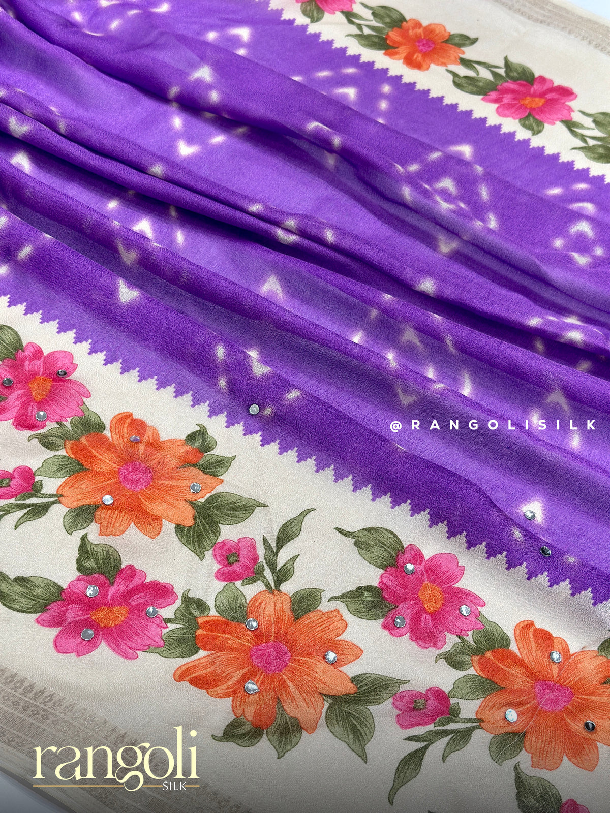 Floral Printed Chiffon Fancy Saree with Mirror Work Accents - Post 1057