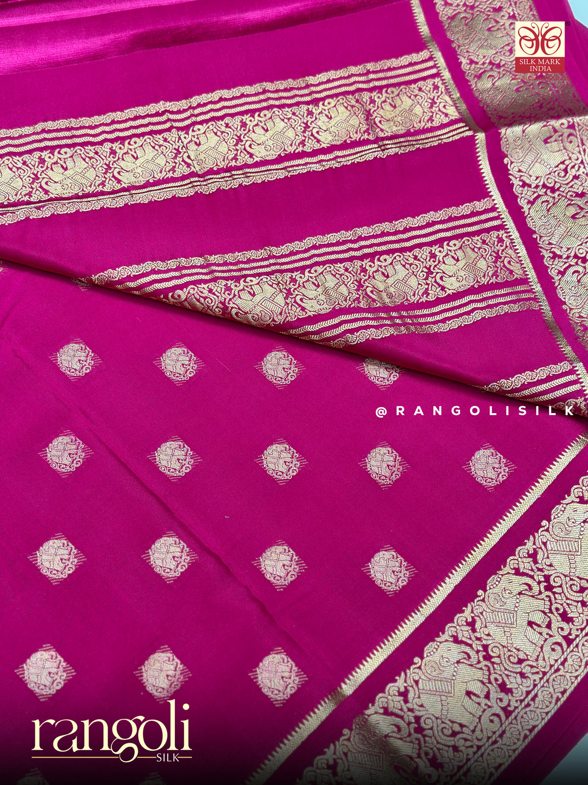 Pure Mysore Crepe Silk Saree with Traditional Motifs in Self & Contrast Borders - Silk Mark Certified  - Post 1056