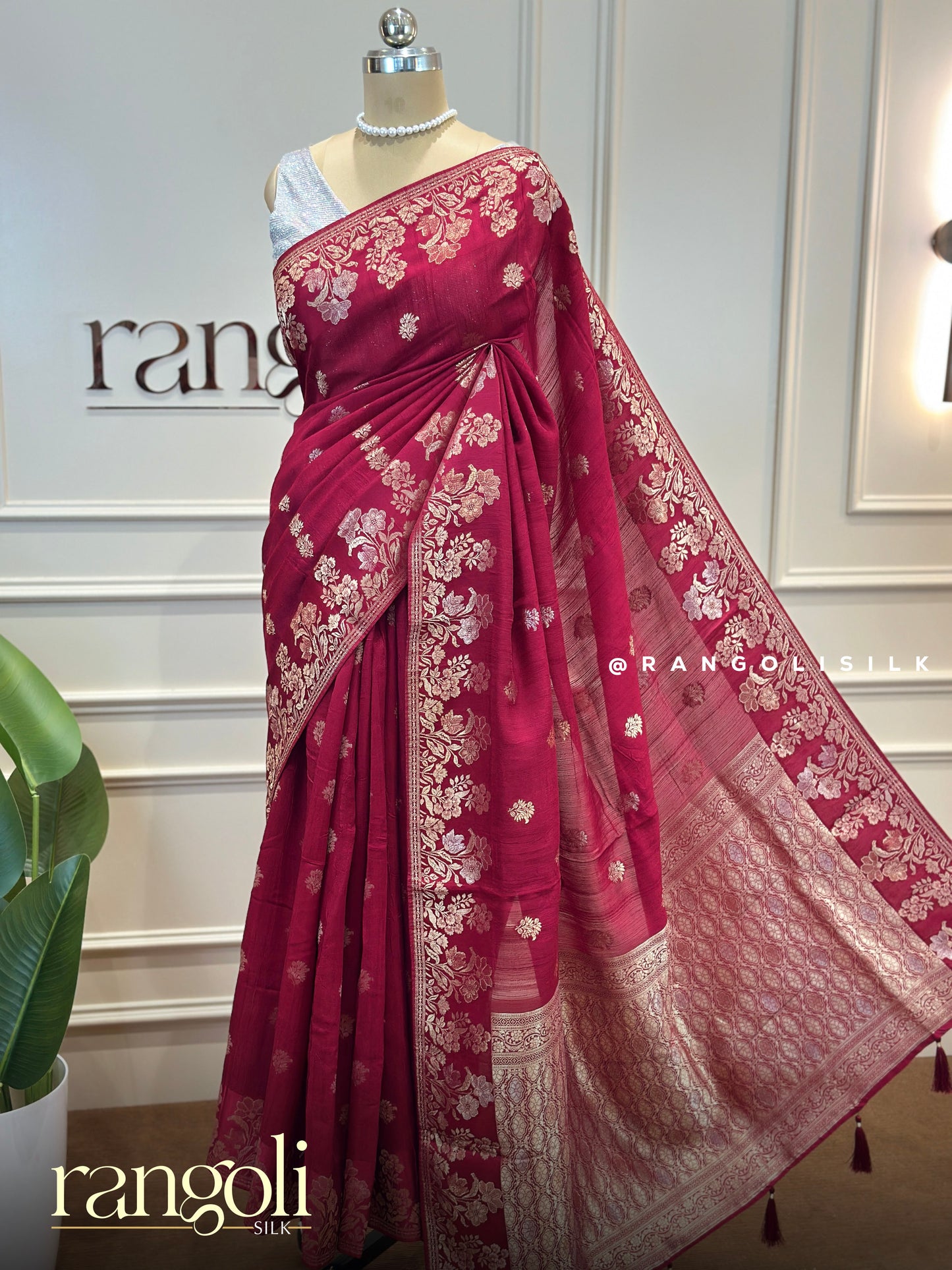 Soft Dupion Silk Banarasi Saree with Floral Design & Tassels - Post 838