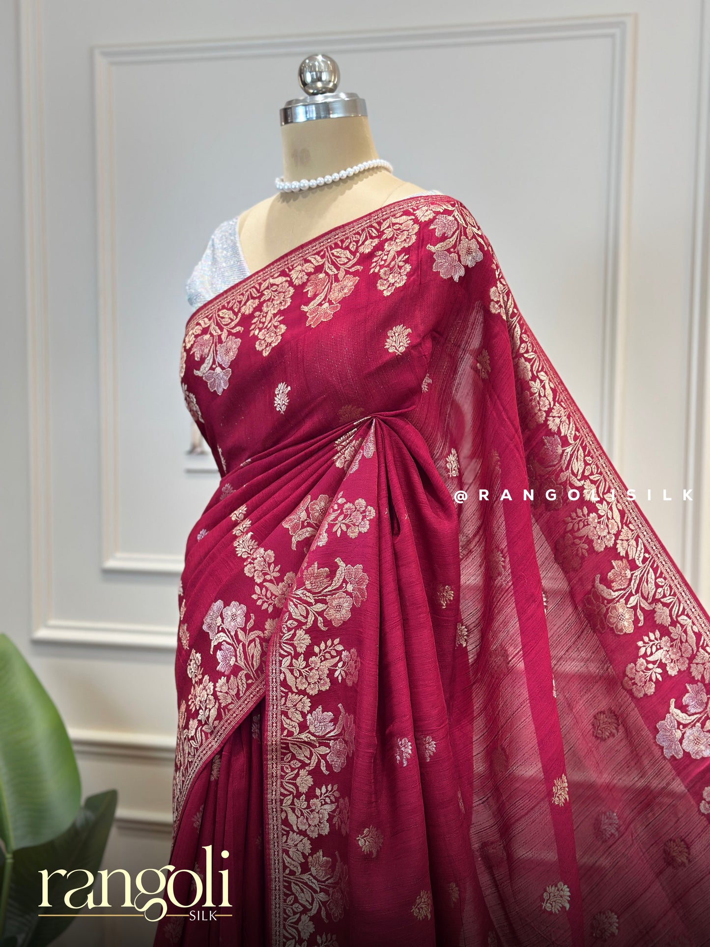 Soft Dupion Silk Banarasi Saree with Floral Design & Tassels - Post 838