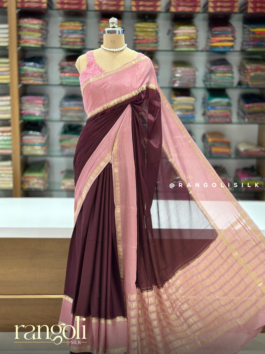 Banaras Saree in Deep Wine Maroon with Blush Pink Contrast - Post 957