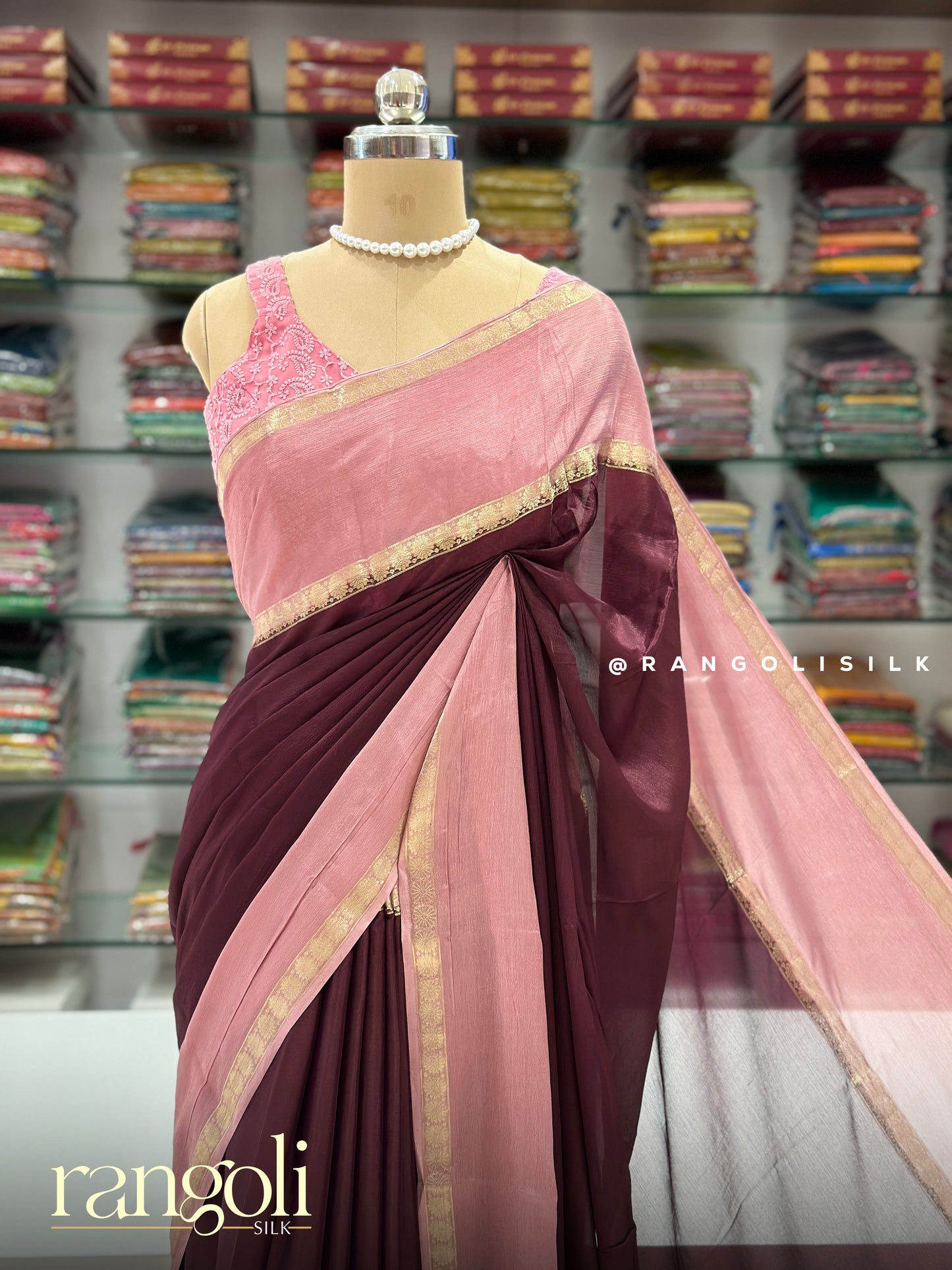Banaras Saree in Deep Wine Maroon with Blush Pink Contrast - Post 957