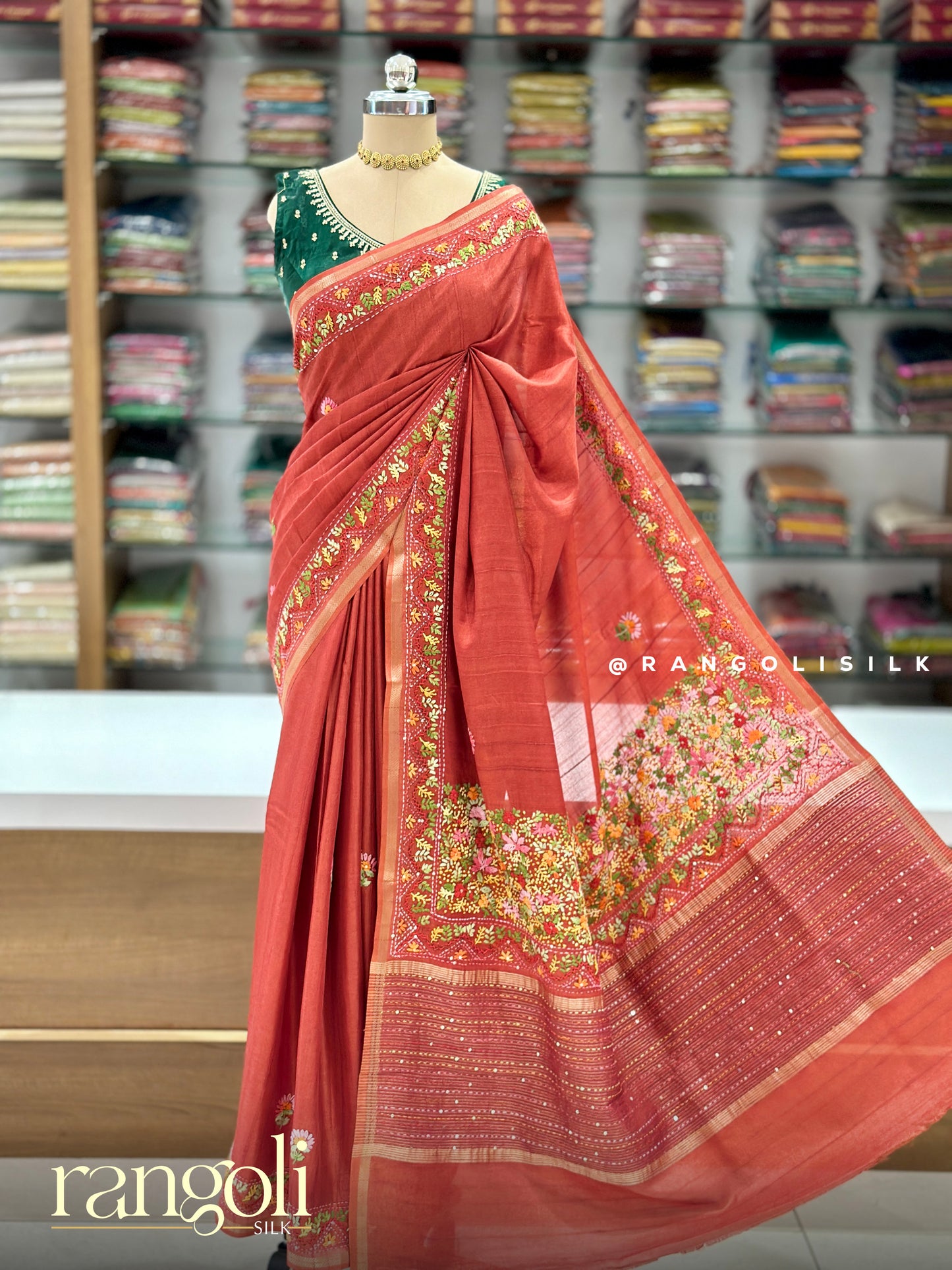 Orange Cotton Saree with Floral Embroidery Border & Designer Pallu - Post 966