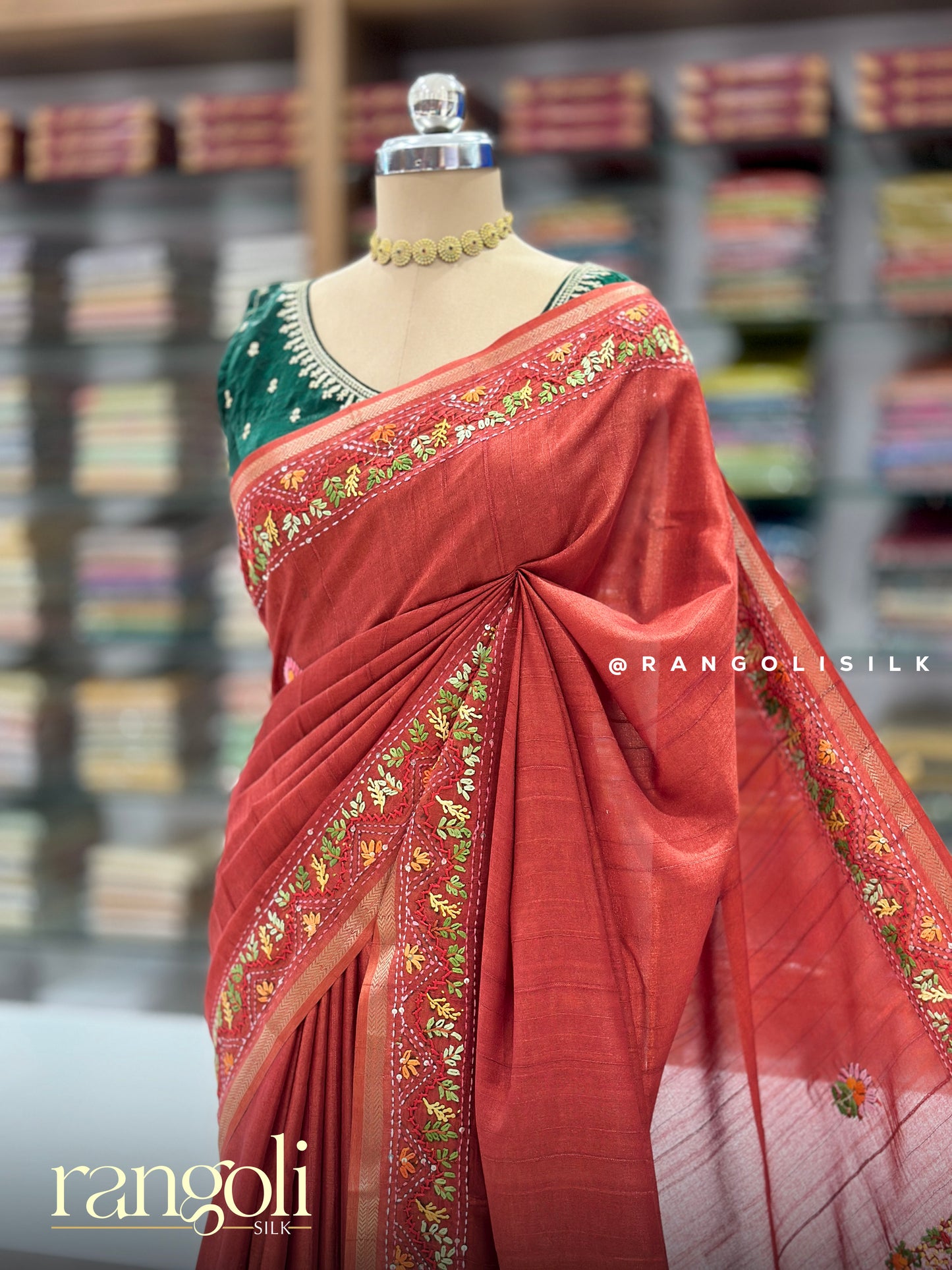 Orange Cotton Saree with Floral Embroidery Border & Designer Pallu - Post 966