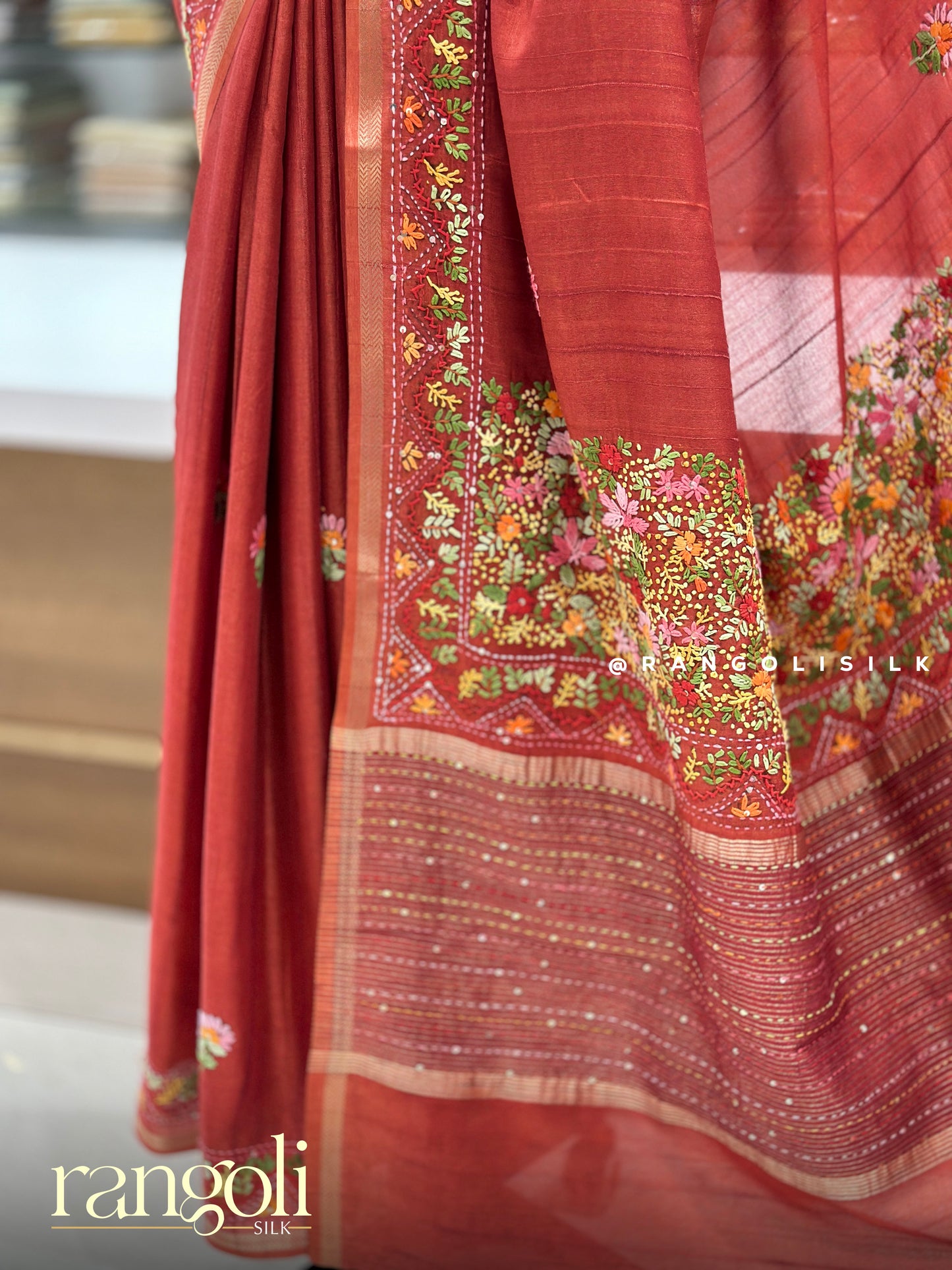 Rust Coral Cotton Saree with Floral Embroidery & Designer Pallu - Post 961