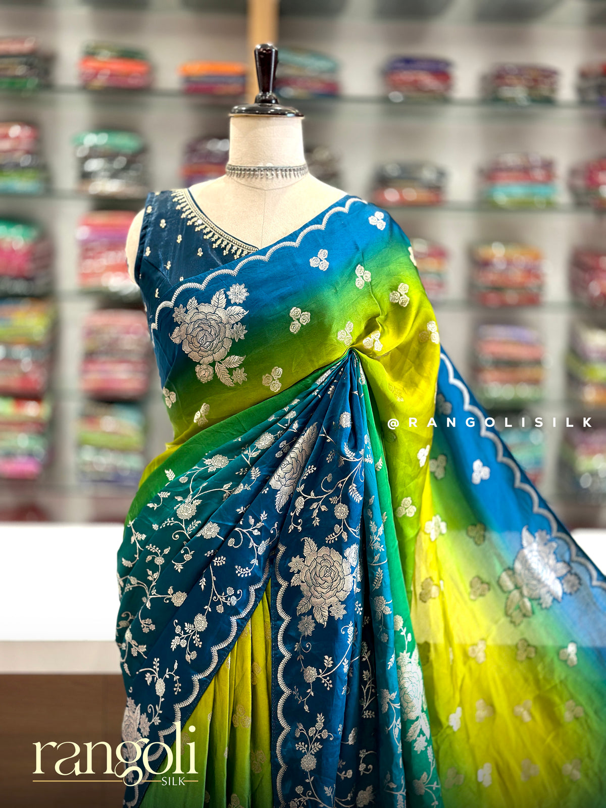 Banaras Saree with Silver Zari Floral Jaal & Scalloped Border - Post 1058