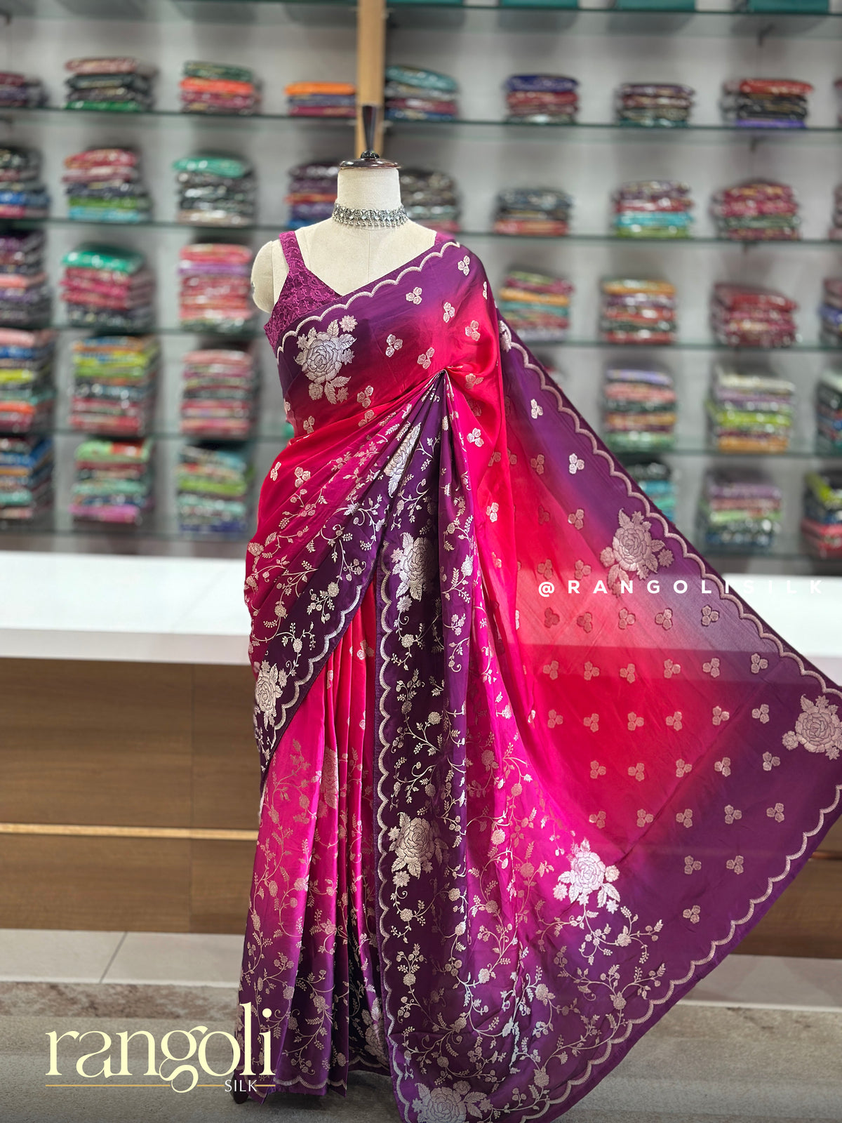 Banaras Saree with Silver Zari Floral Jaal & Scalloped Border - Post 1058