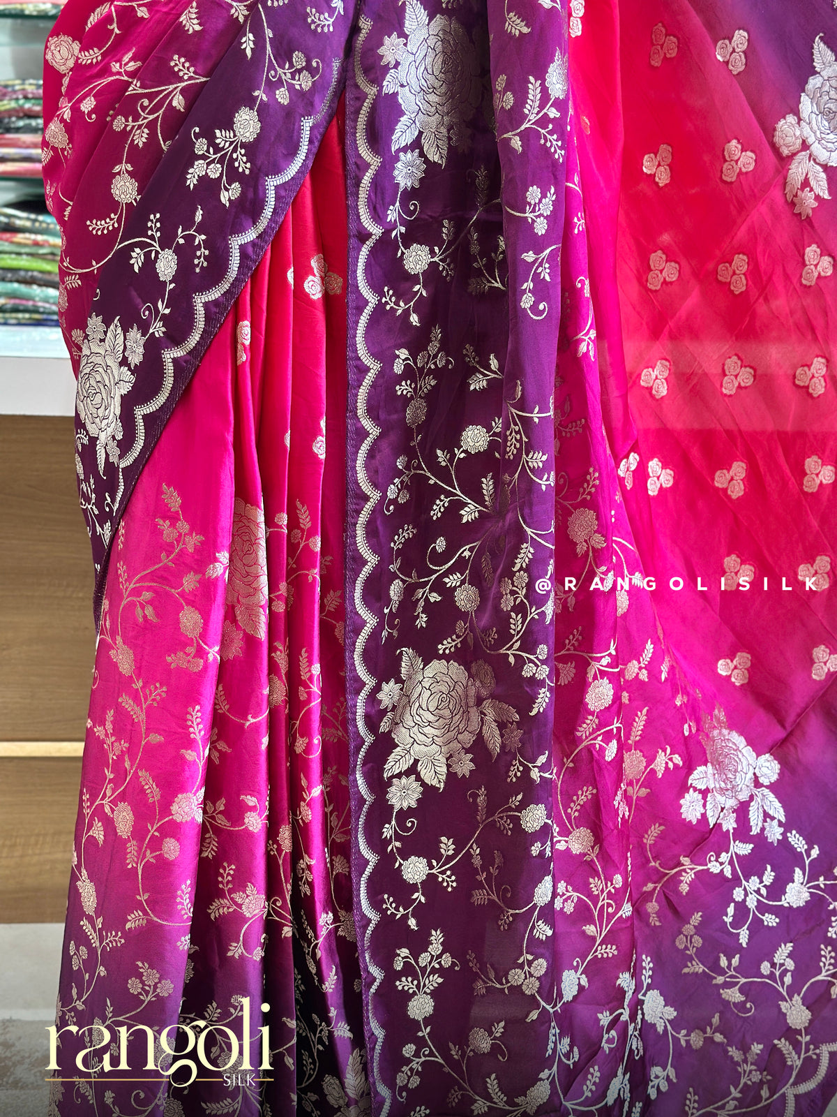Banaras Saree with Silver Zari Floral Jaal & Scalloped Border - Post 1058