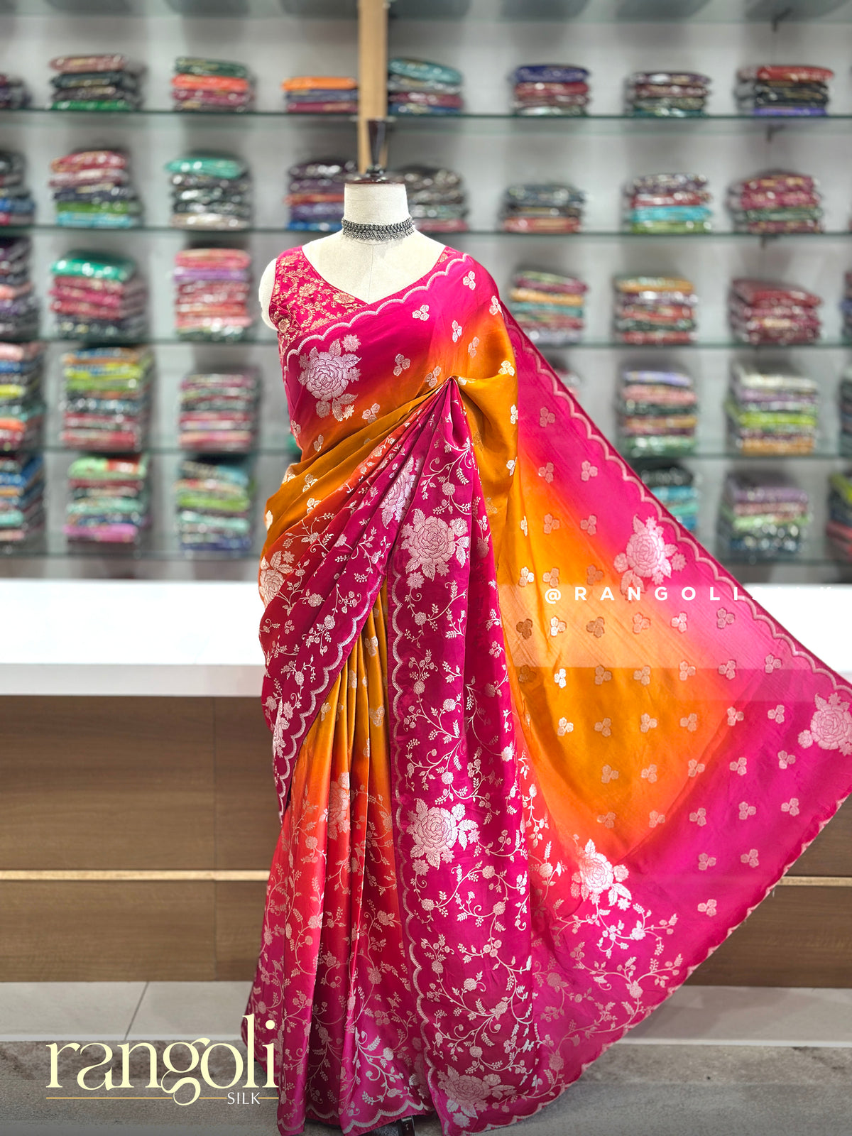 Banaras Saree with Silver Zari Floral Jaal & Scalloped Border - Post 1058