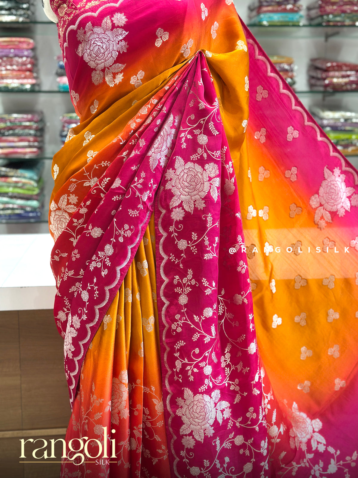 Banaras Saree with Silver Zari Floral Jaal & Scalloped Border - Post 1058