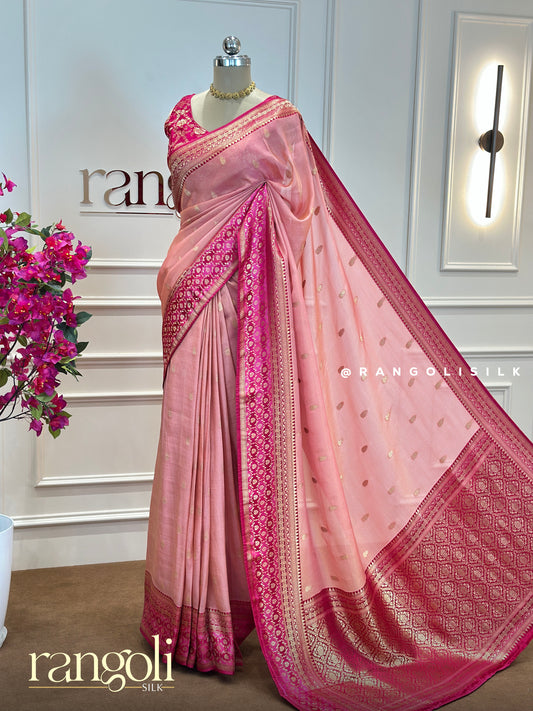 Blush Pink Tissue Banarasi Saree with Fuchsia Borders & Intricate Zari  - Post 544