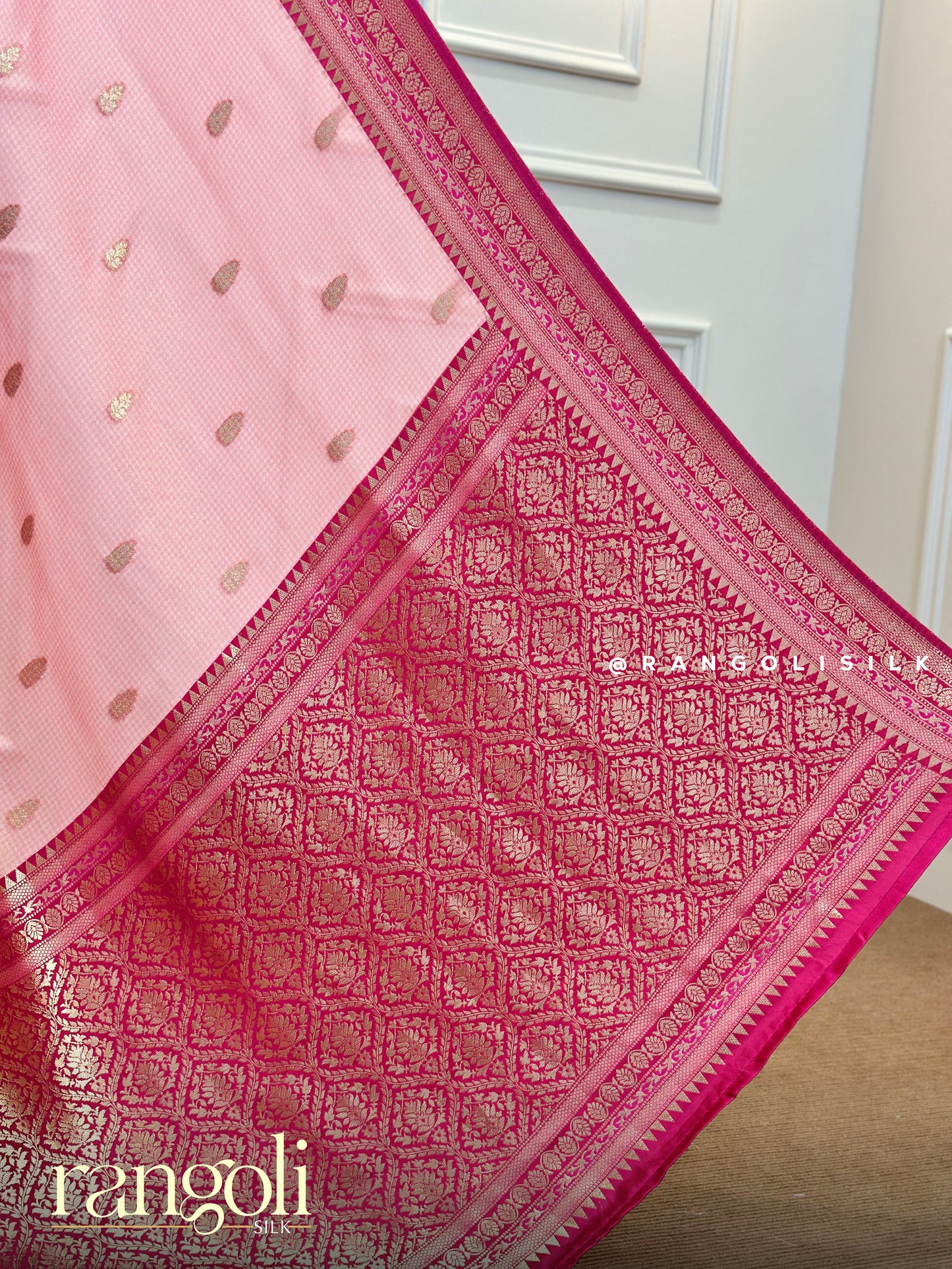Blush Pink Tissue Banarasi Saree with Fuchsia Borders & Intricate Zari  - Post 544