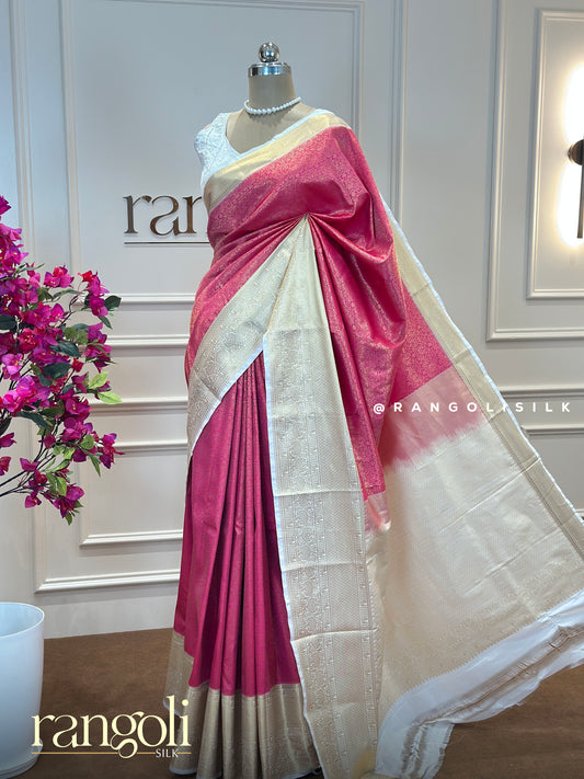 Semi Kanjivaram Silk Saree in Pink & Ivory with Zari Detailing - Post 546