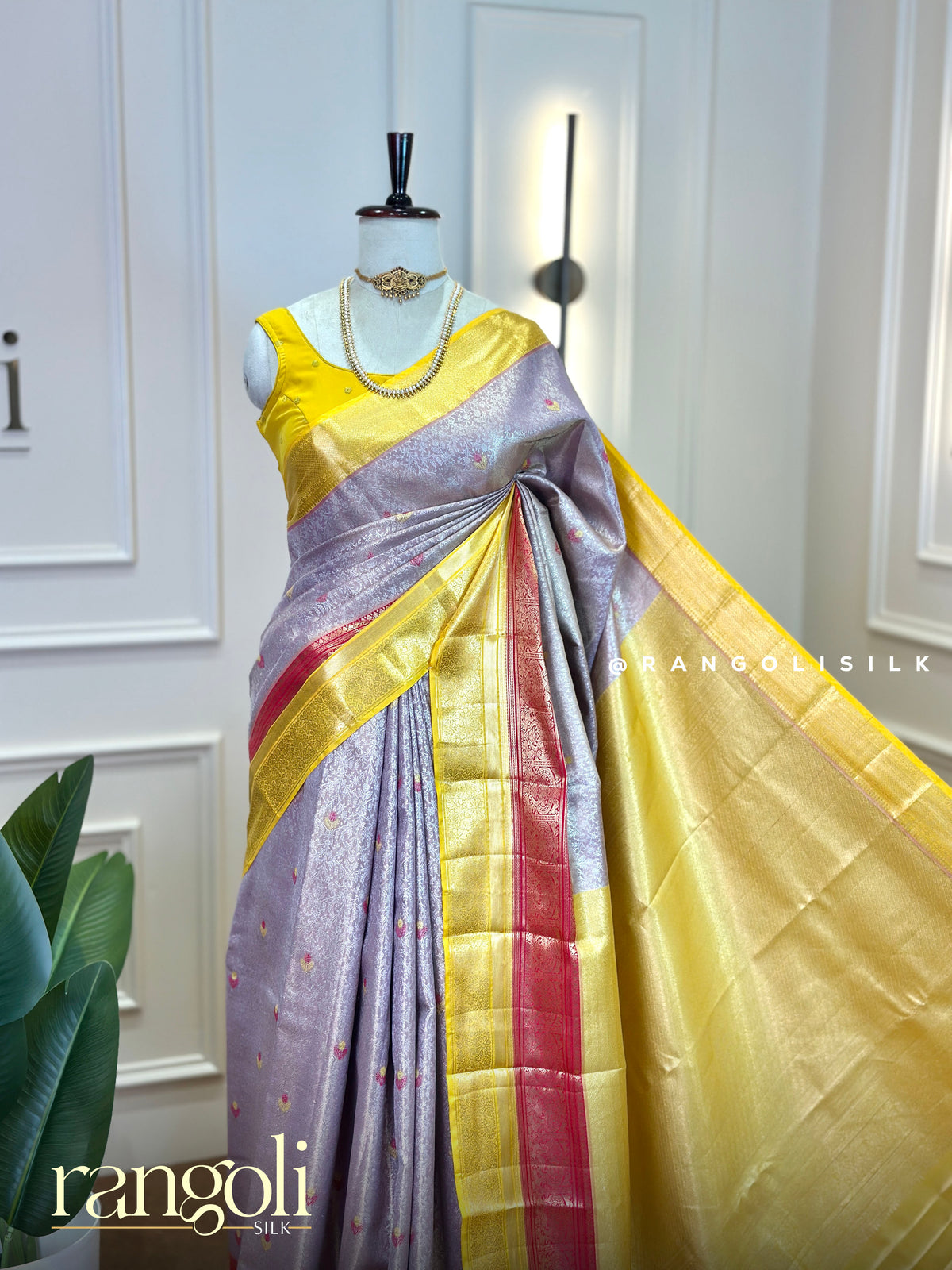 Tissue Silk Saree with Woven Buttas & Broad Contrast Zari Border - Post 1062