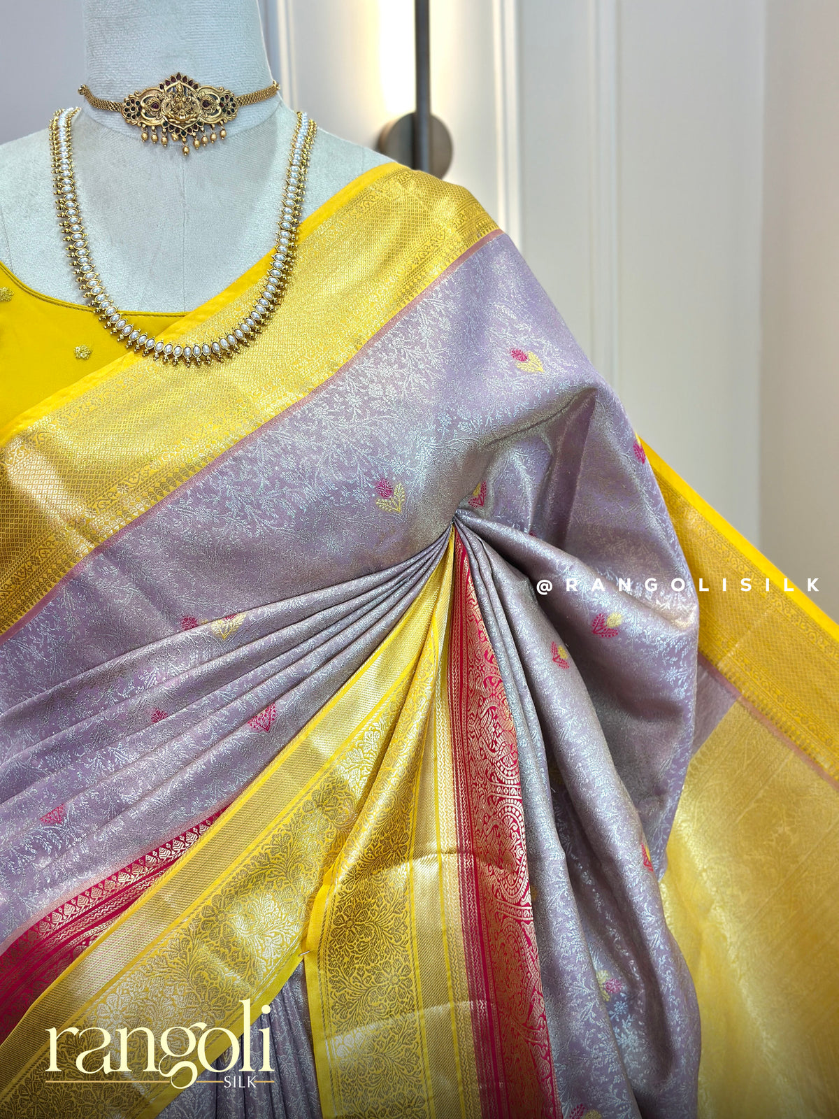 Tissue Silk Saree with Woven Buttas & Broad Contrast Zari Border - Post 1062