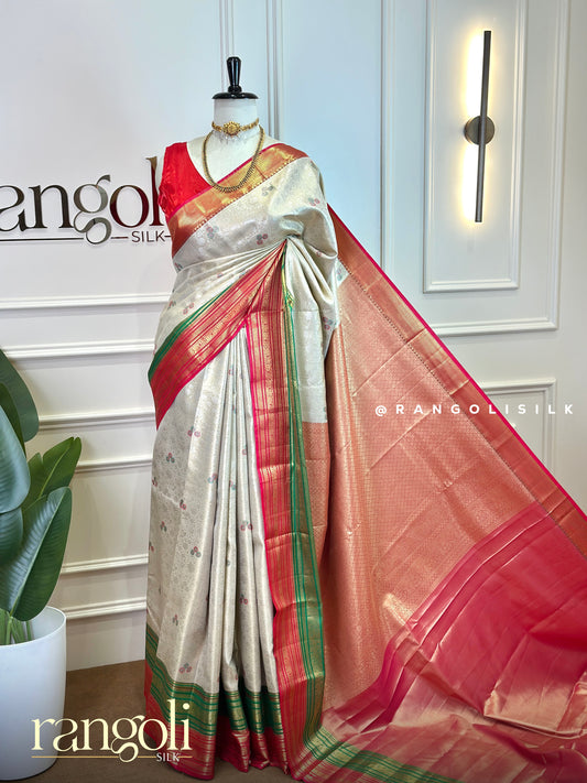 Tissue Silk Saree with Woven Buttas & Broad Contrast Zari Border - Post 1062