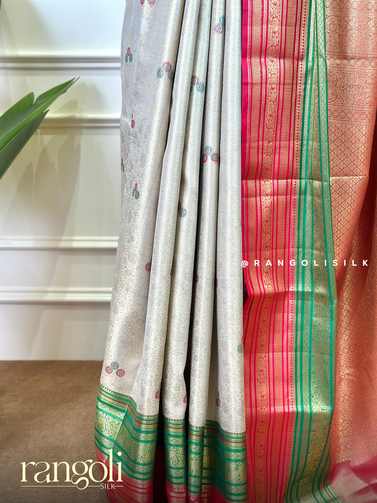 Tissue Silk Saree with Woven Buttas & Broad Contrast Zari Border - Post 1062