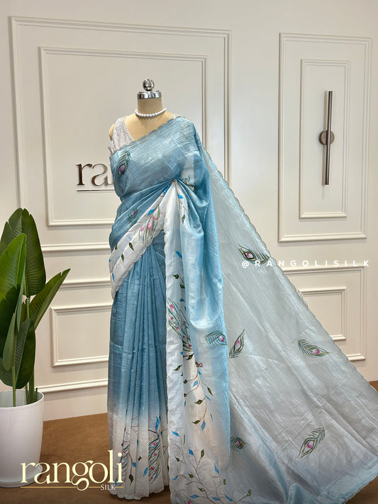 Designer Saree with Peacock Motifs and Hand-Painted Detailing - Post 446