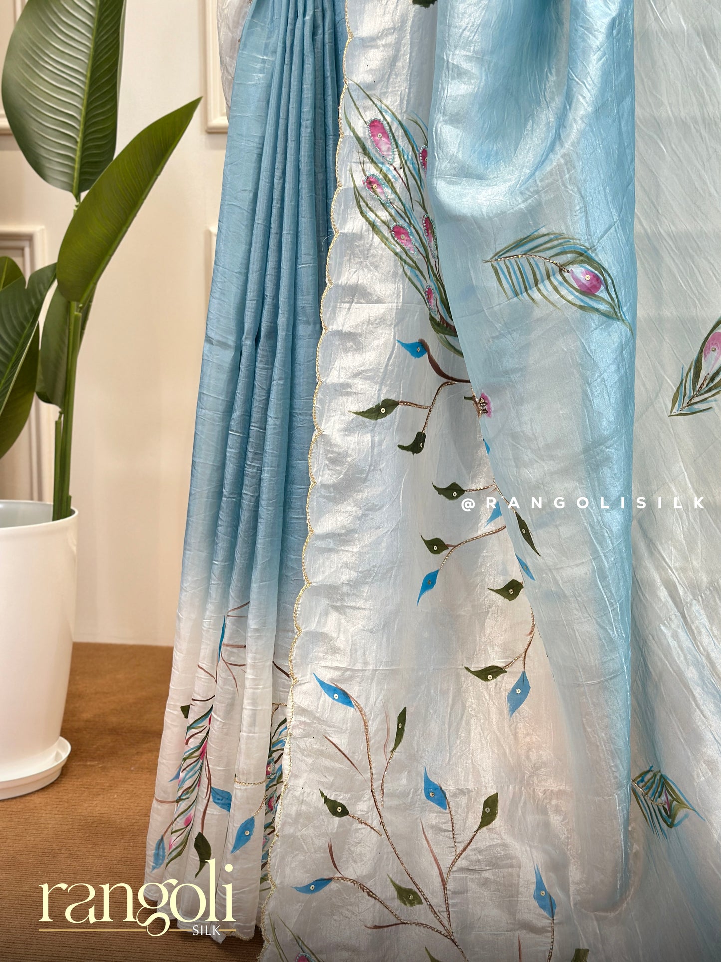 Designer Saree with Peacock Motifs and Hand-Painted Detailing - Post 446