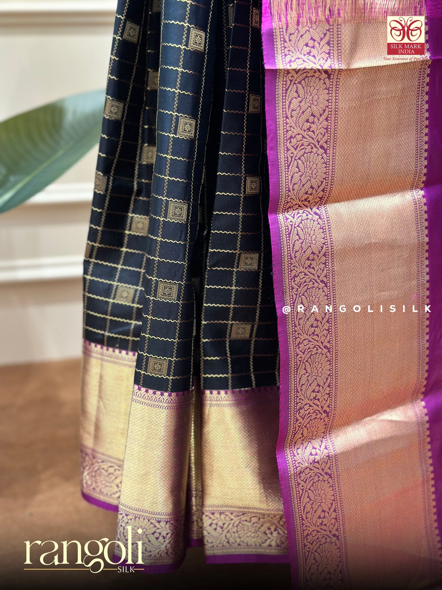 Pure Kanjivaram Silk Saree in Black with Gold Zari Checks - Post 726