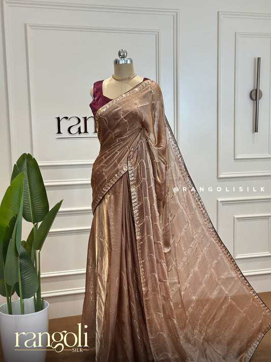 Designer Saree in Brown-Gold Hue with Subtle Shimmer - Post 444