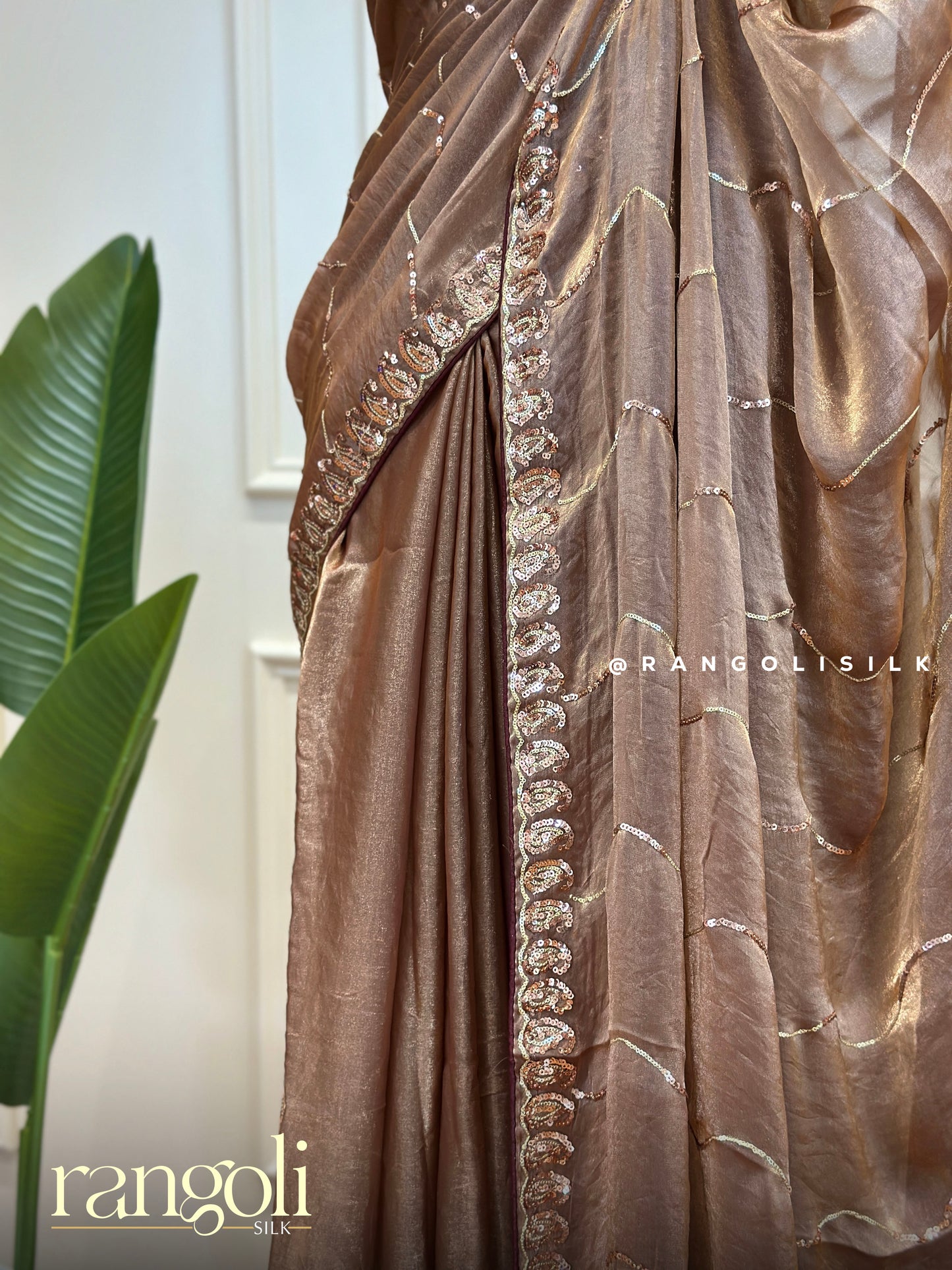 Designer Saree in Brown-Gold Hue with Subtle Shimmer - Post 444