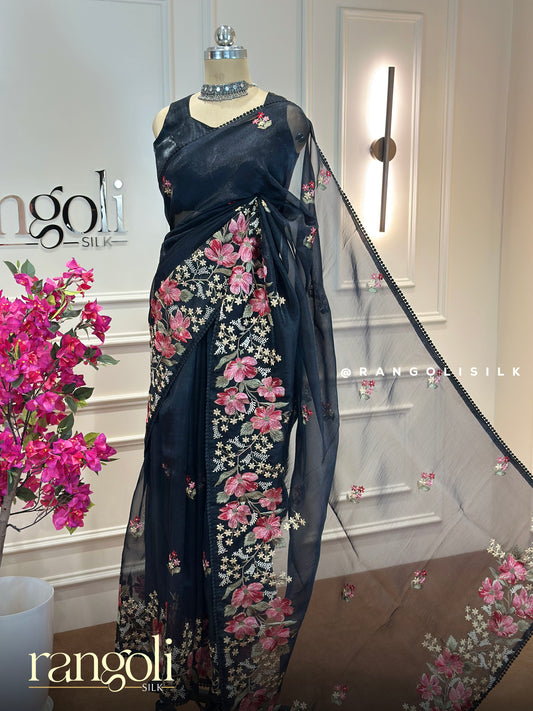 Black Organza Saree with Floral Embroidery- Post 849