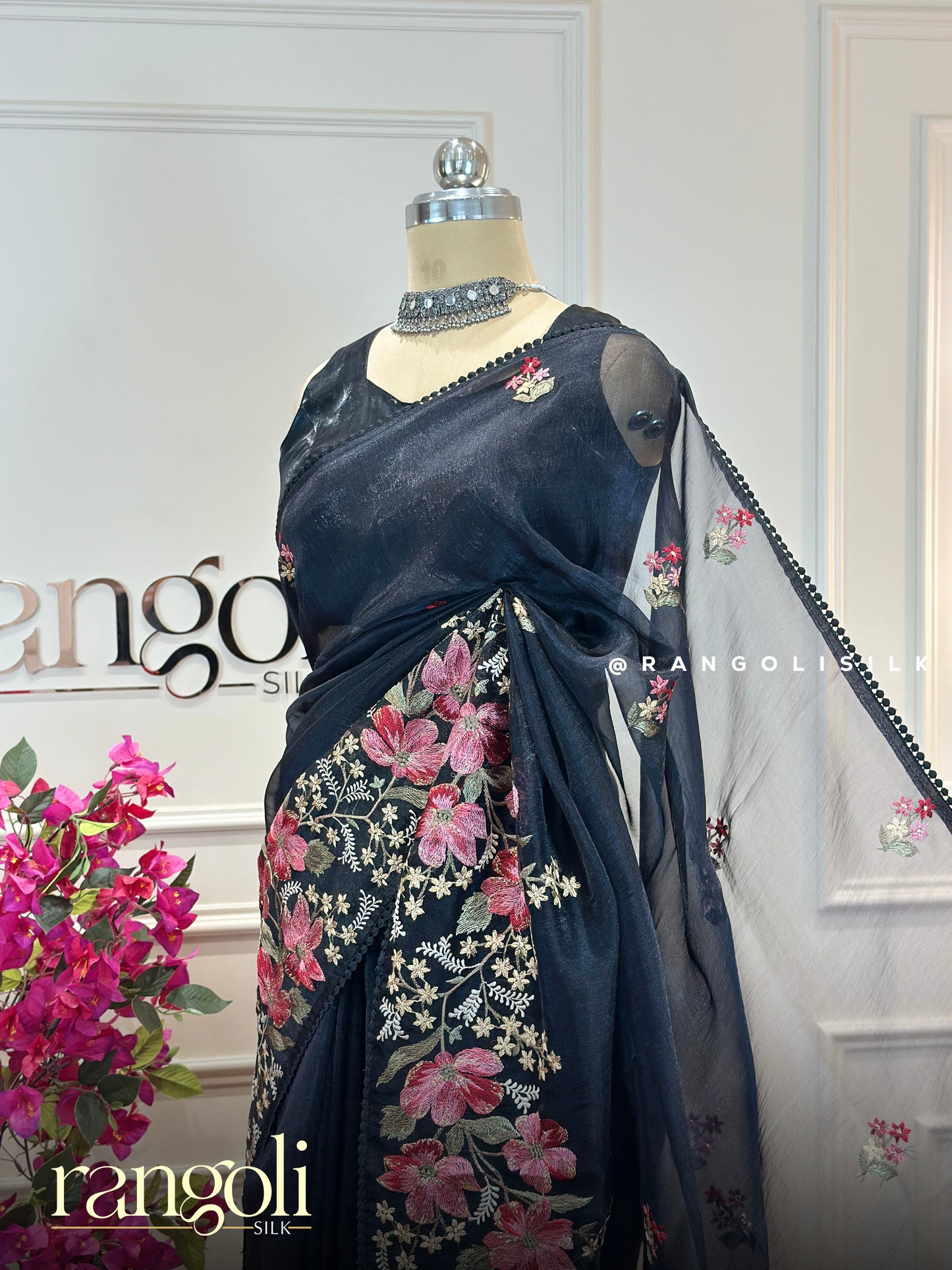Black Organza Saree with Floral Embroidery- Post 849