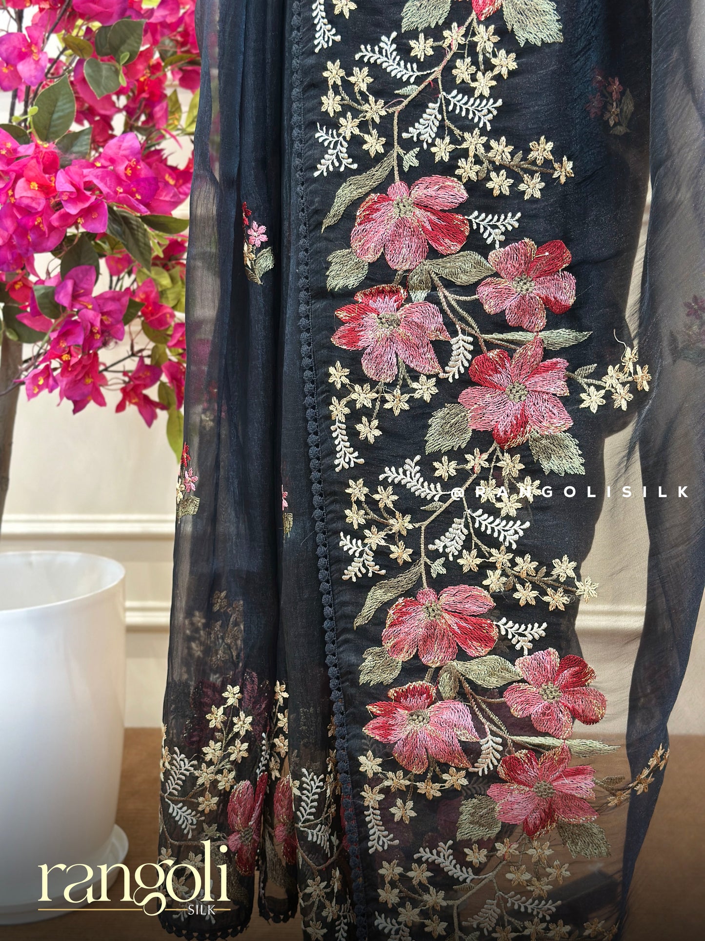 Black Organza Saree with Floral Embroidery- Post 849