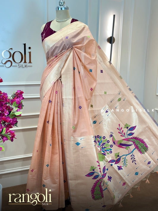 Pastel Cotton Paithani Saree with Peacock Pallu - Post 732
