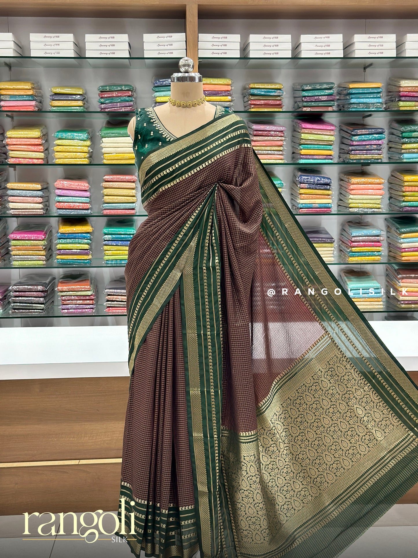 Semi Mysore Silk Saree with Classic Check Pattern & Contrast Border - Post 965