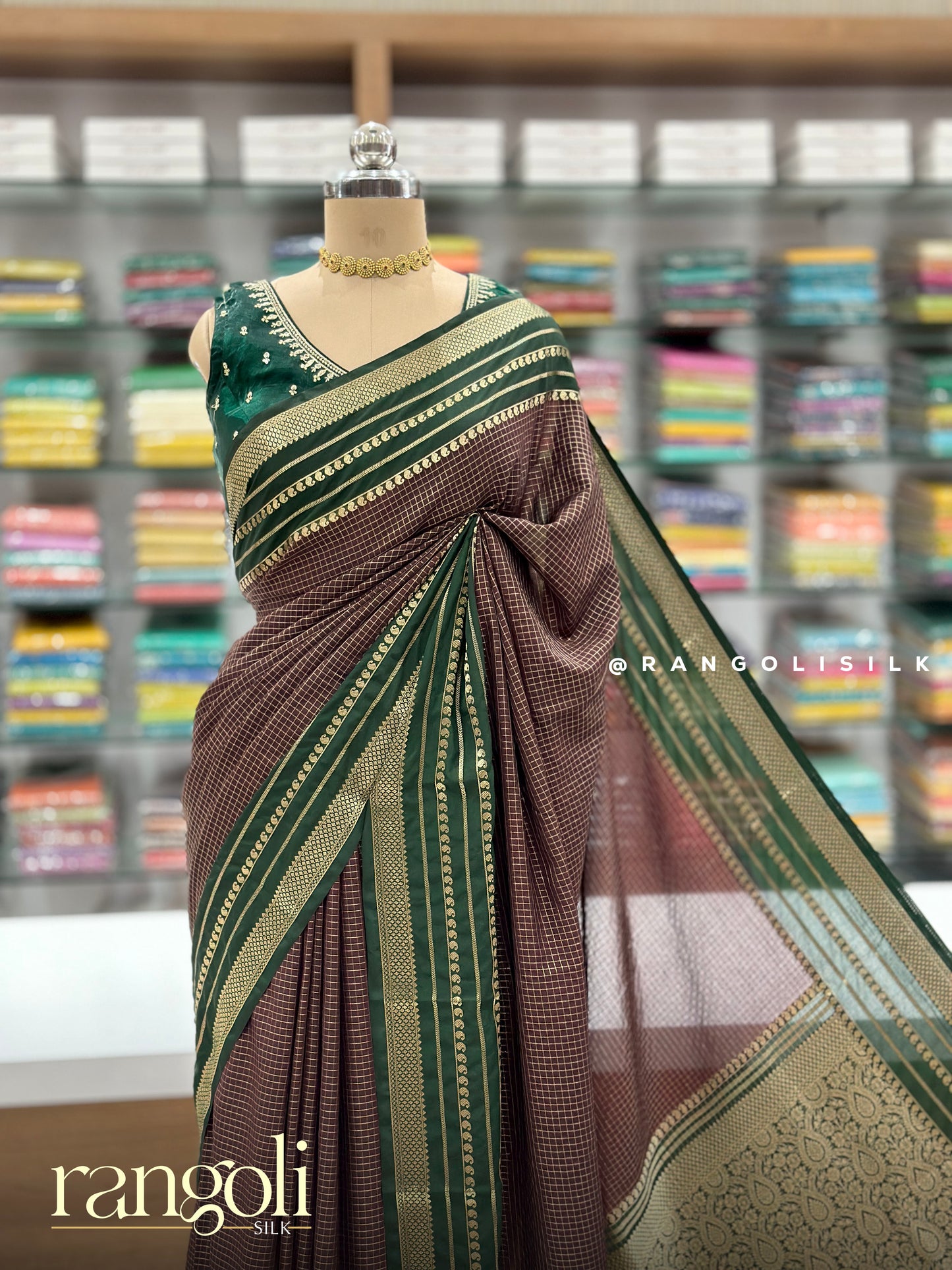 Semi Mysore Silk Saree with Classic Check Pattern & Contrast Border - Post 965