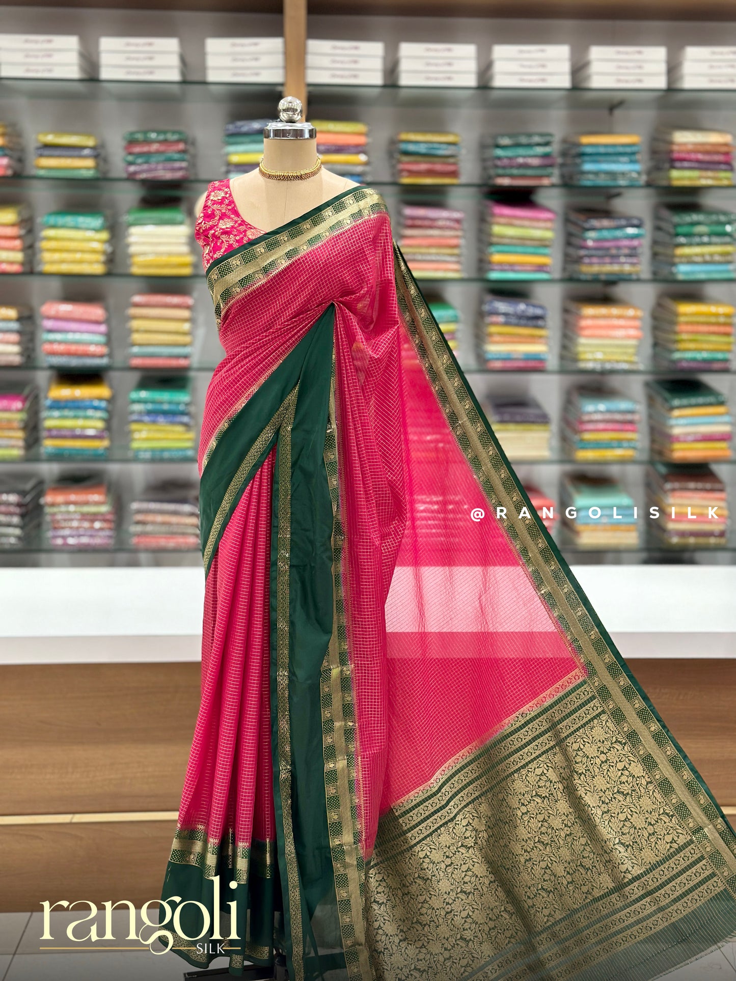 Semi Mysore Silk Saree with Classic Check Pattern & Contrast Border - Post 965