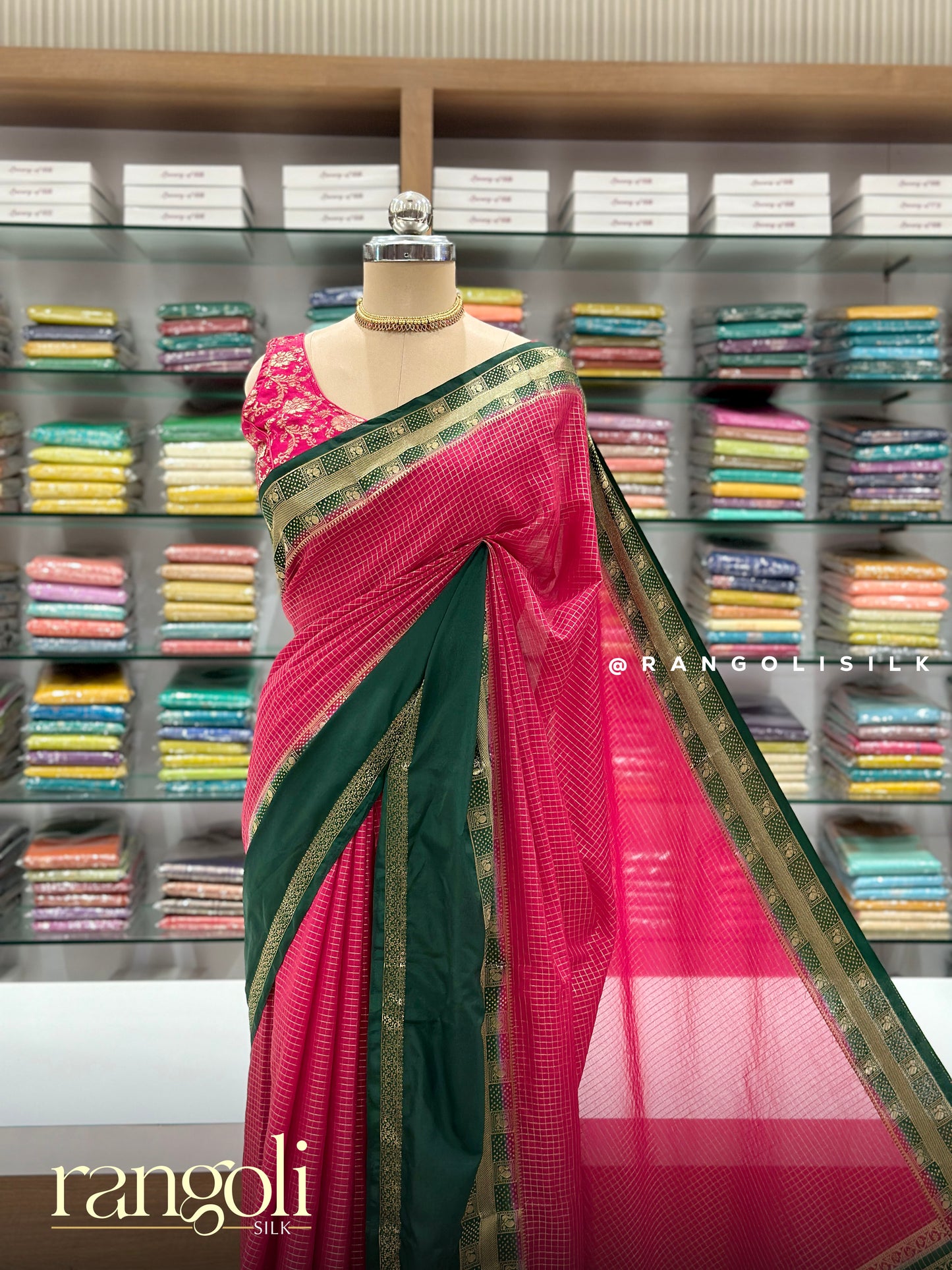 Semi Mysore Silk Saree with Classic Check Pattern & Contrast Border - Post 965