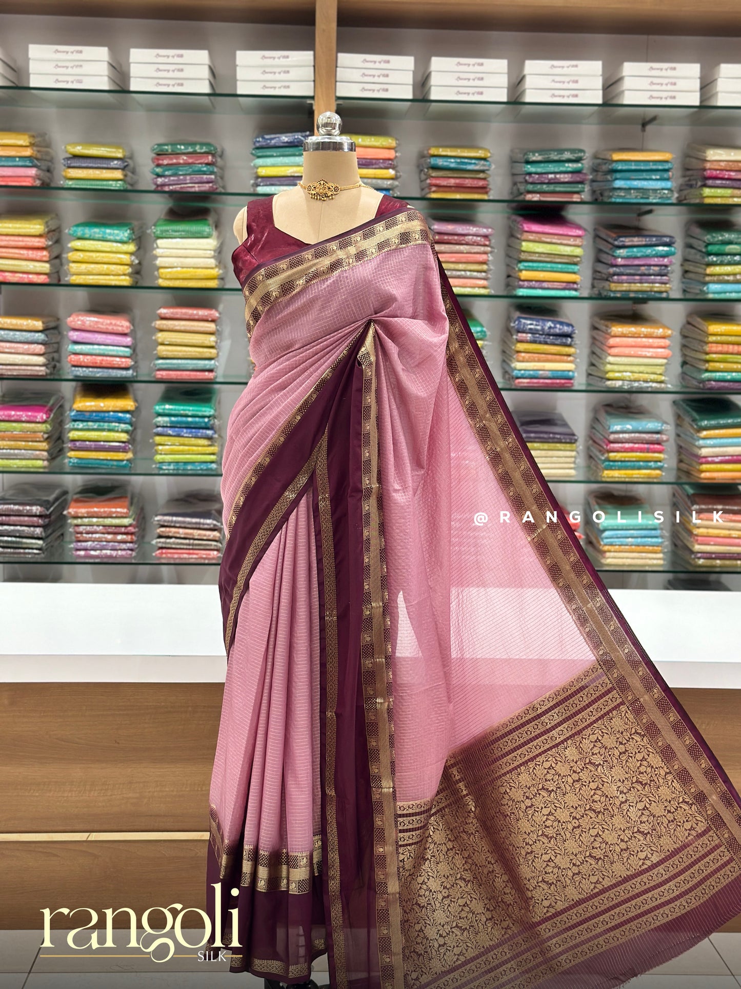 Semi Mysore Silk Saree with Classic Check Pattern & Contrast Border - Post 965