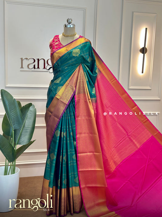 Semi Kanjivaram Silk Saree in Teal Green with Rani Pink Pallu & Golden Zari - Post 552