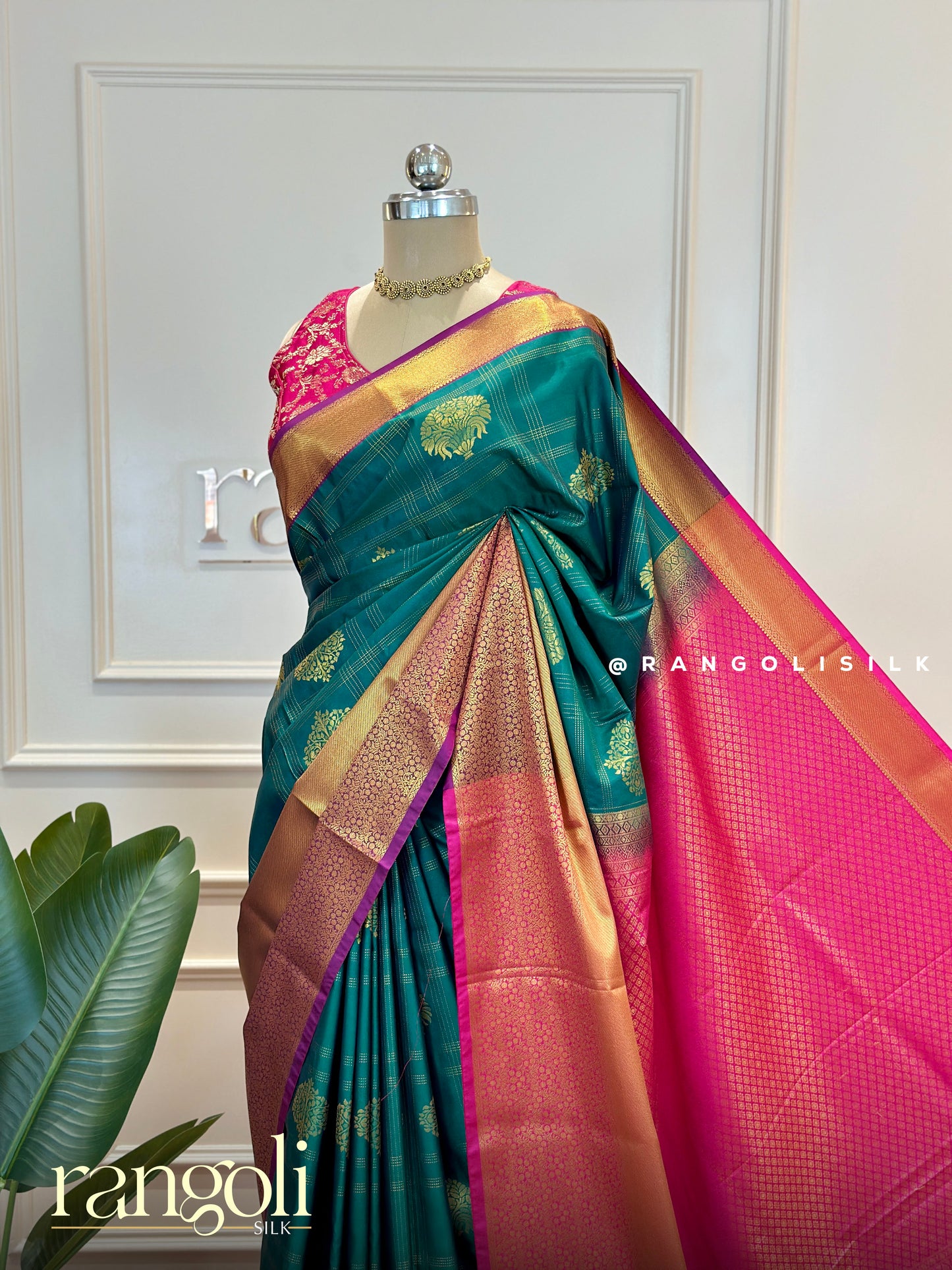 Semi Kanjivaram Silk Saree in Teal Green with Rani Pink Pallu & Golden Zari - Post 552