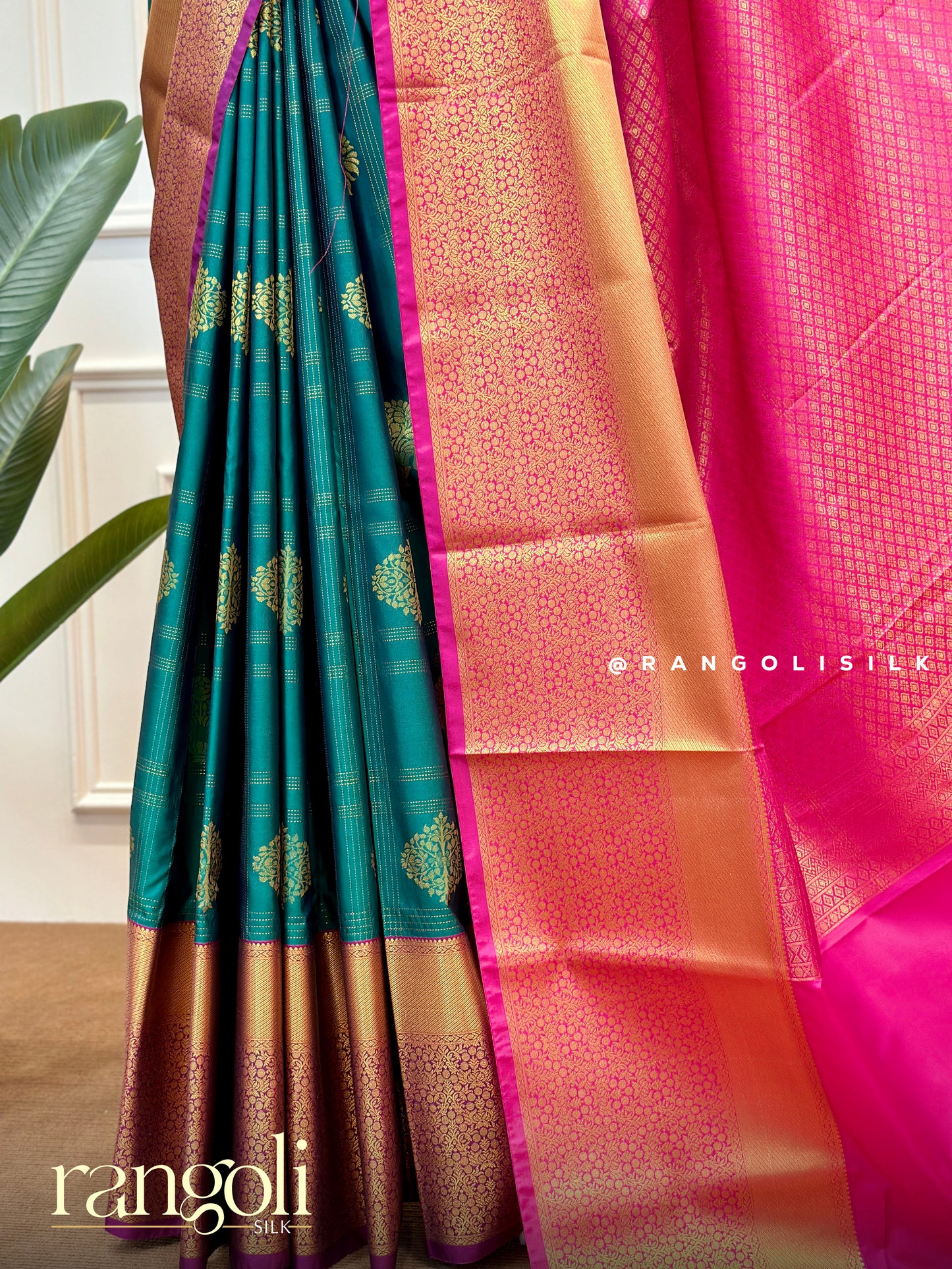 Semi Kanjivaram Silk Saree in Teal Green with Rani Pink Pallu & Golden Zari - Post 552
