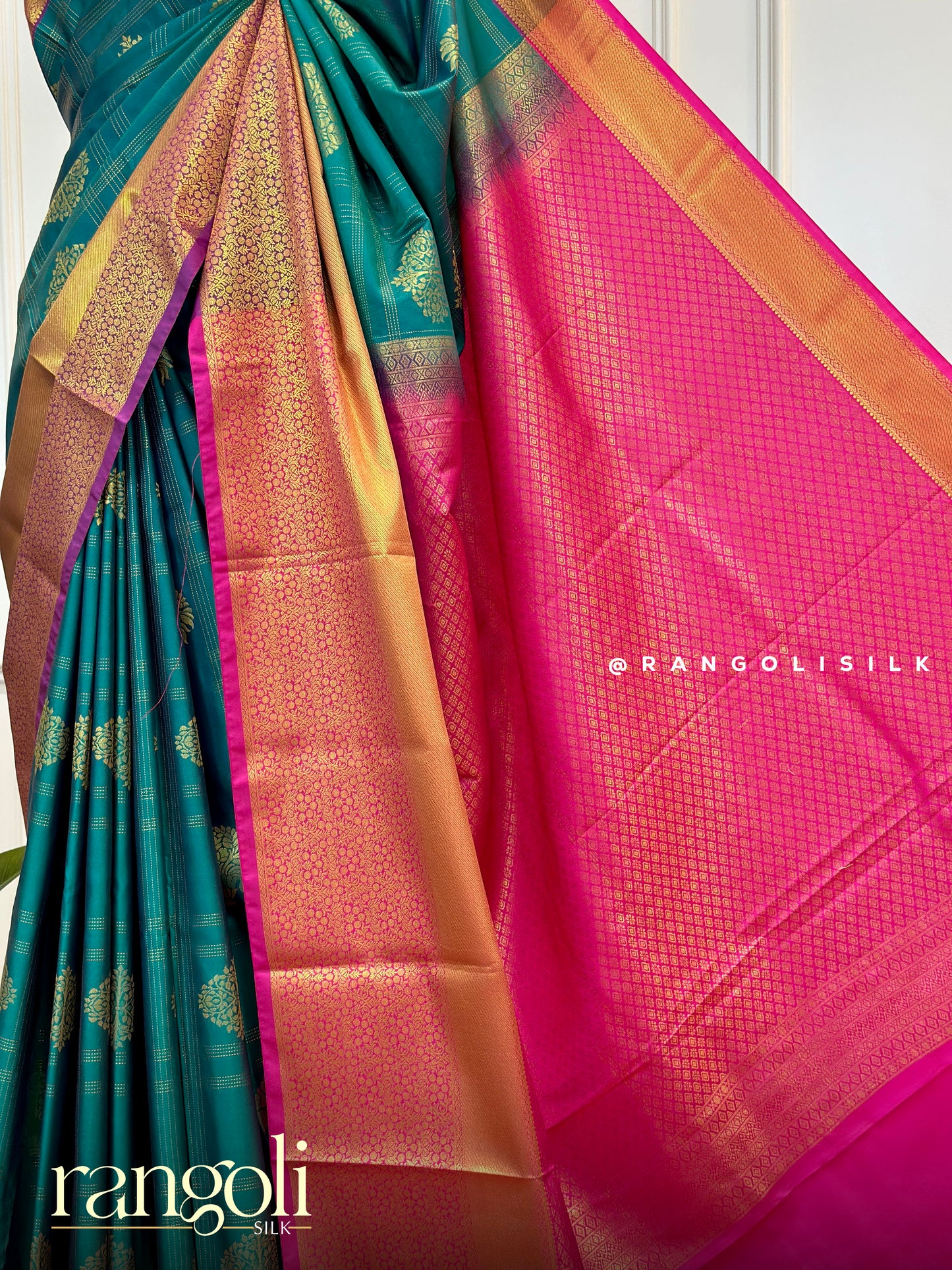 Semi Kanjivaram Silk Saree in Teal Green with Rani Pink Pallu & Golden Zari - Post 552