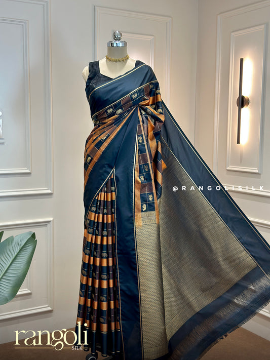 Vintage Semi Kanjivaram Silk Saree with Elephant Buttas & Zari Woven Checks - Post 967