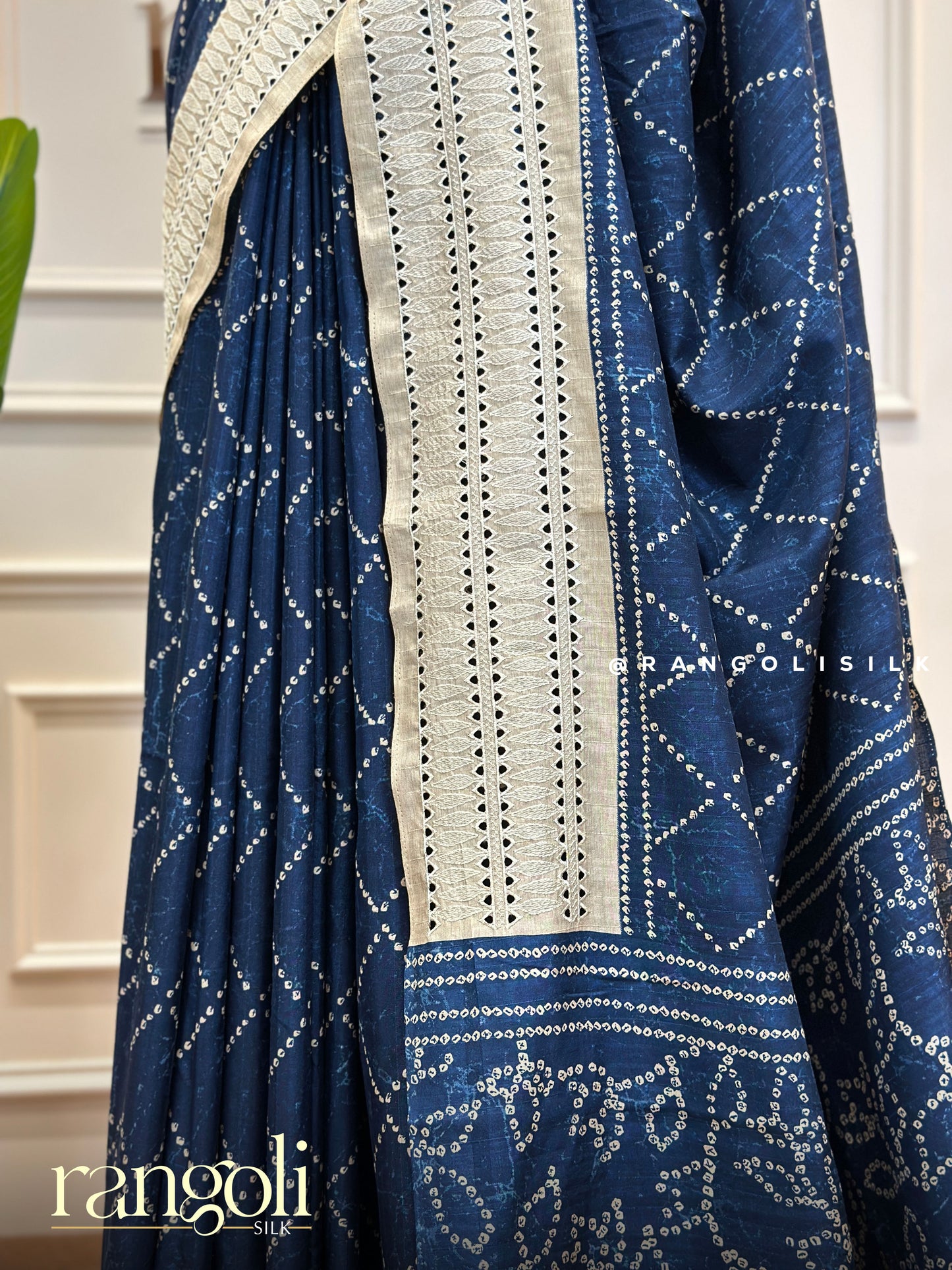 Cotton Saree with Bandhani Geometric Pattern and White Embroidery Border - Post 447