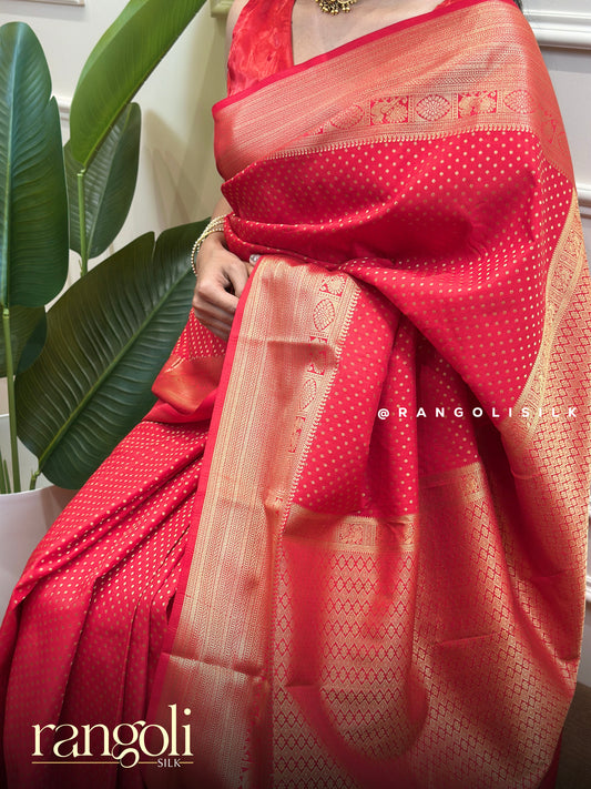 Red Semi Kanjivaram Silk Saree with Zari Border - Post 740