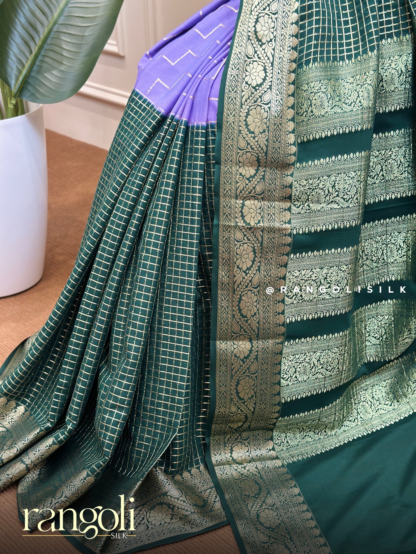 Semi Mysore Silk Lavender & Emerald Green Zari Saree with Geometric Pattern - Post 743