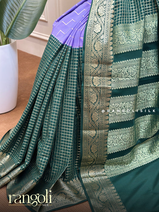 Semi Mysore Silk Lavender & Emerald Green Zari Saree with Geometric Pattern - Post 743