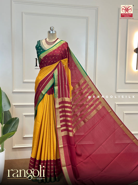 Classic Pure Mysore Silk Saree – Maroon, Mustard & Green - Post 554