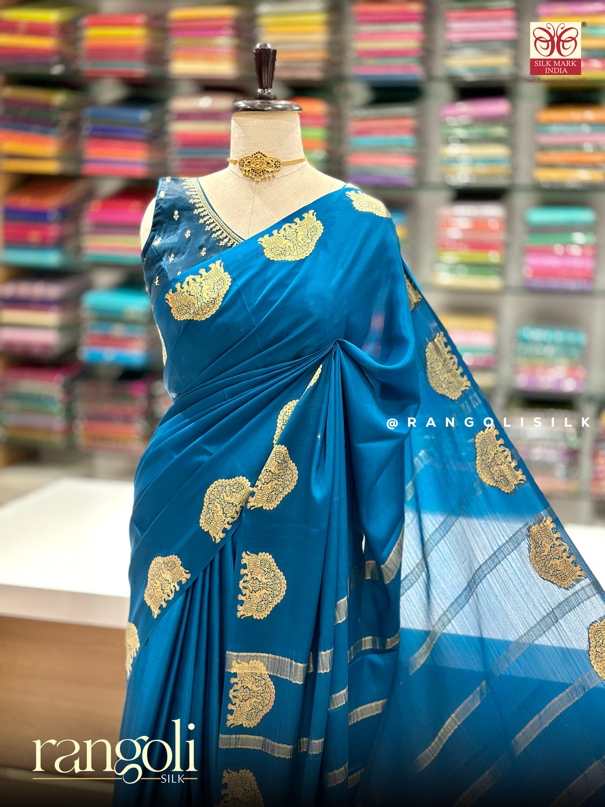 Pure Mysore Crepe Silk Saree with Gold Zari Elephant Motifs - Silk Mark Certified - Post 1064