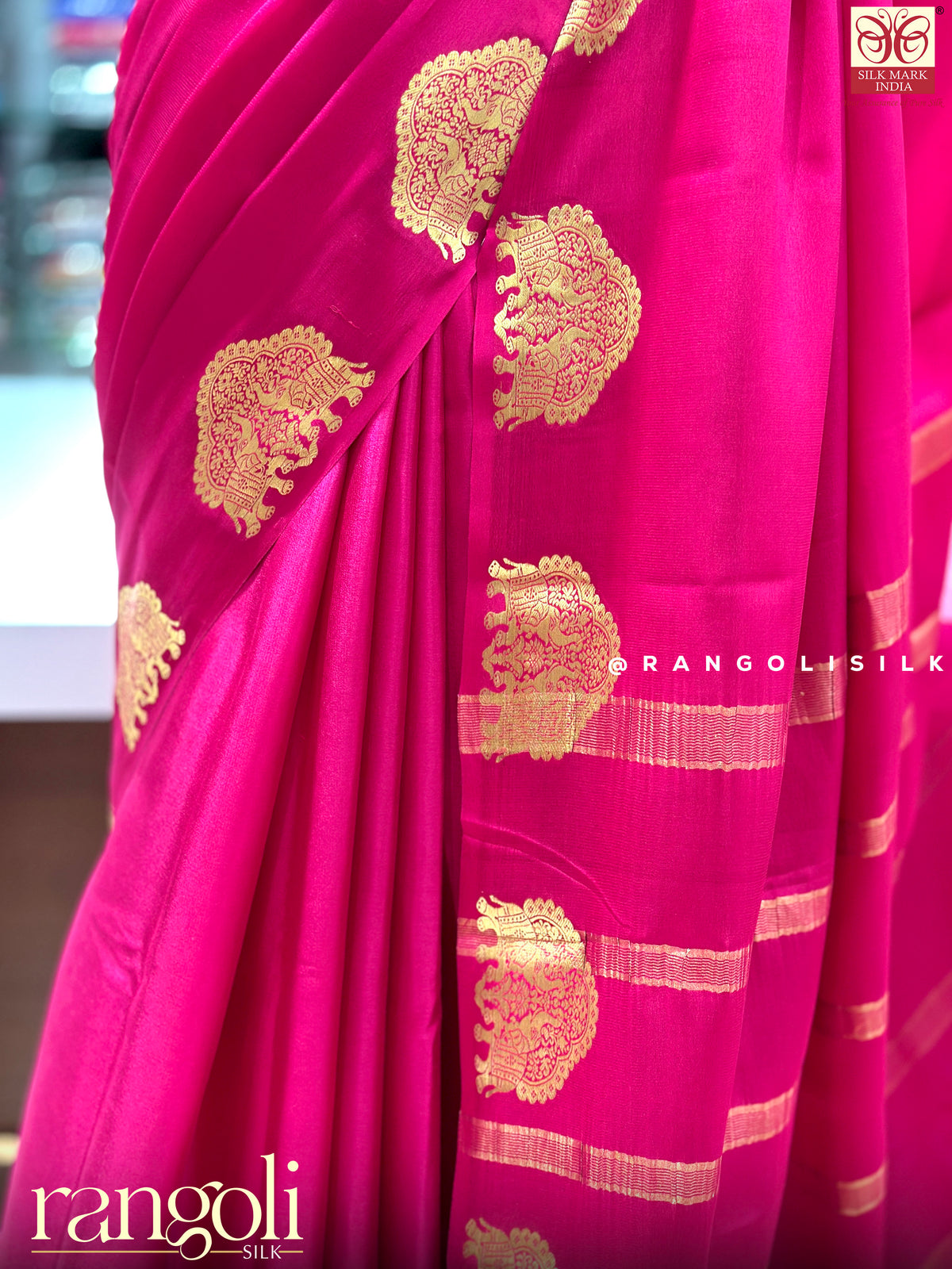Pure Mysore Crepe Silk Saree with Gold Zari Elephant Motifs - Silk Mark Certified - Post 1064